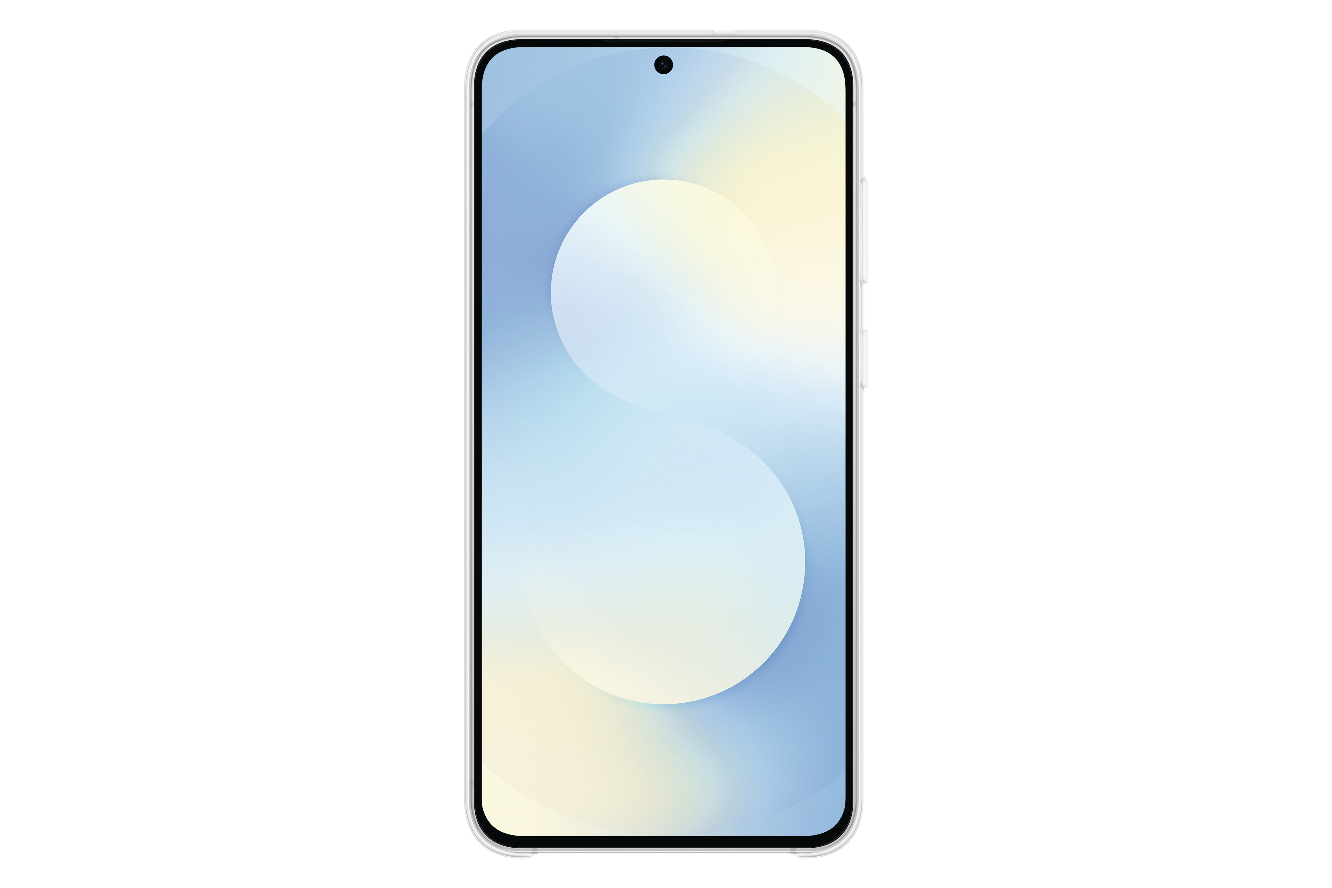 Ein Smartphone zeigt einen Farbverlauf von Blau, Gelb und Weiß. Es hat einen schwarzen Rahmen und einen weißen Hintergrund.