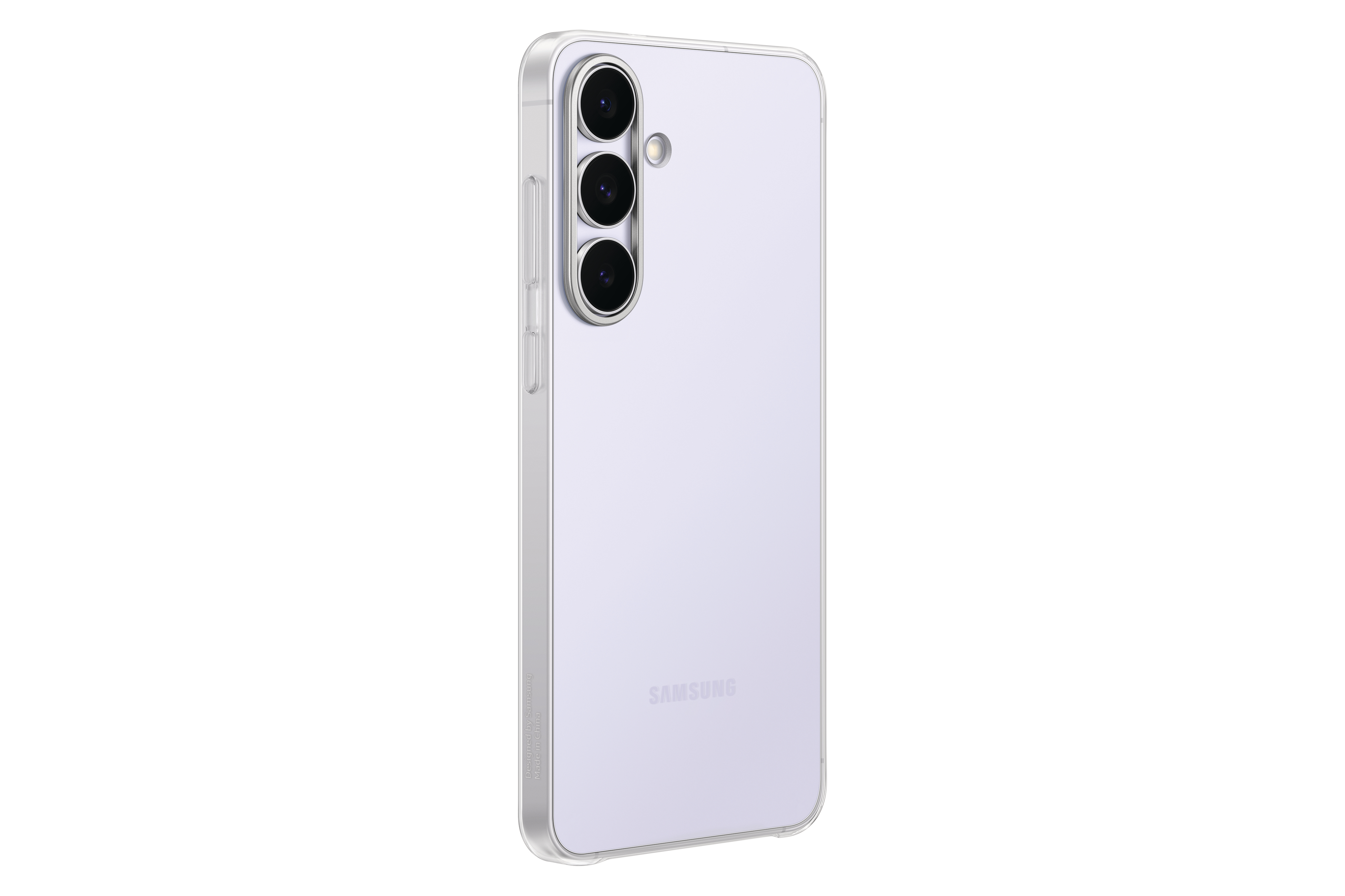 Ein hellviolettes Samsung-Handy mit einer transparenten Hülle. Es hat drei Rückkameras und das Samsung-Logo.