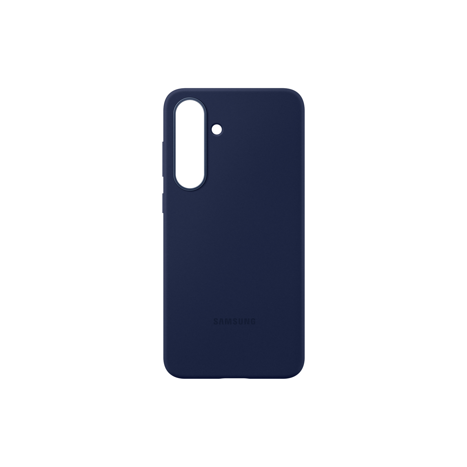 Een marineblauwe telefoonhoes op een zwarte achtergrond. De hoes heeft een opening voor de camera en het merk 'SAMSUNG' is zichtbaar.