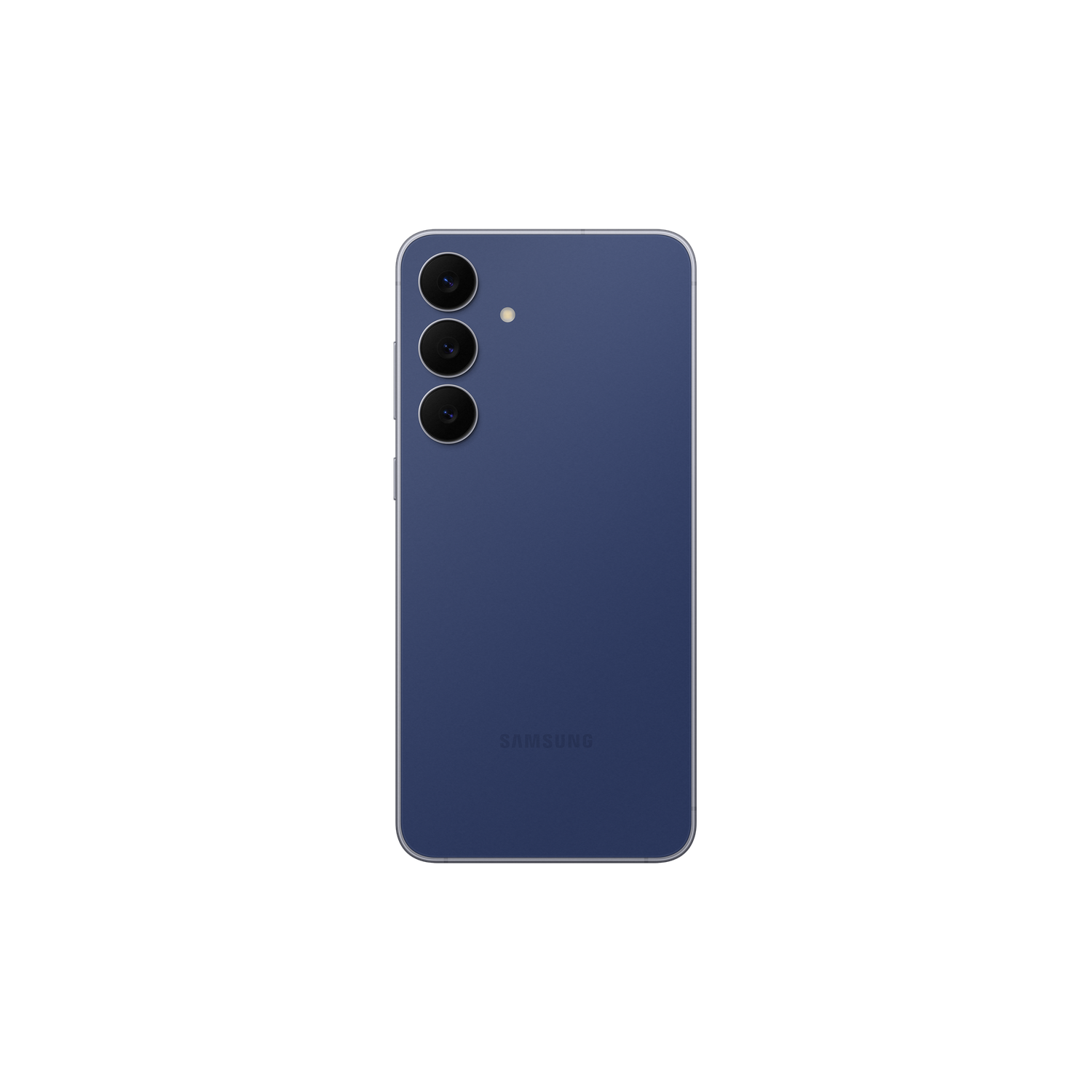Dos d'un smartphone bleu avec trois caméras et un flash. Le logo Samsung est en bas. Le fond est noir.