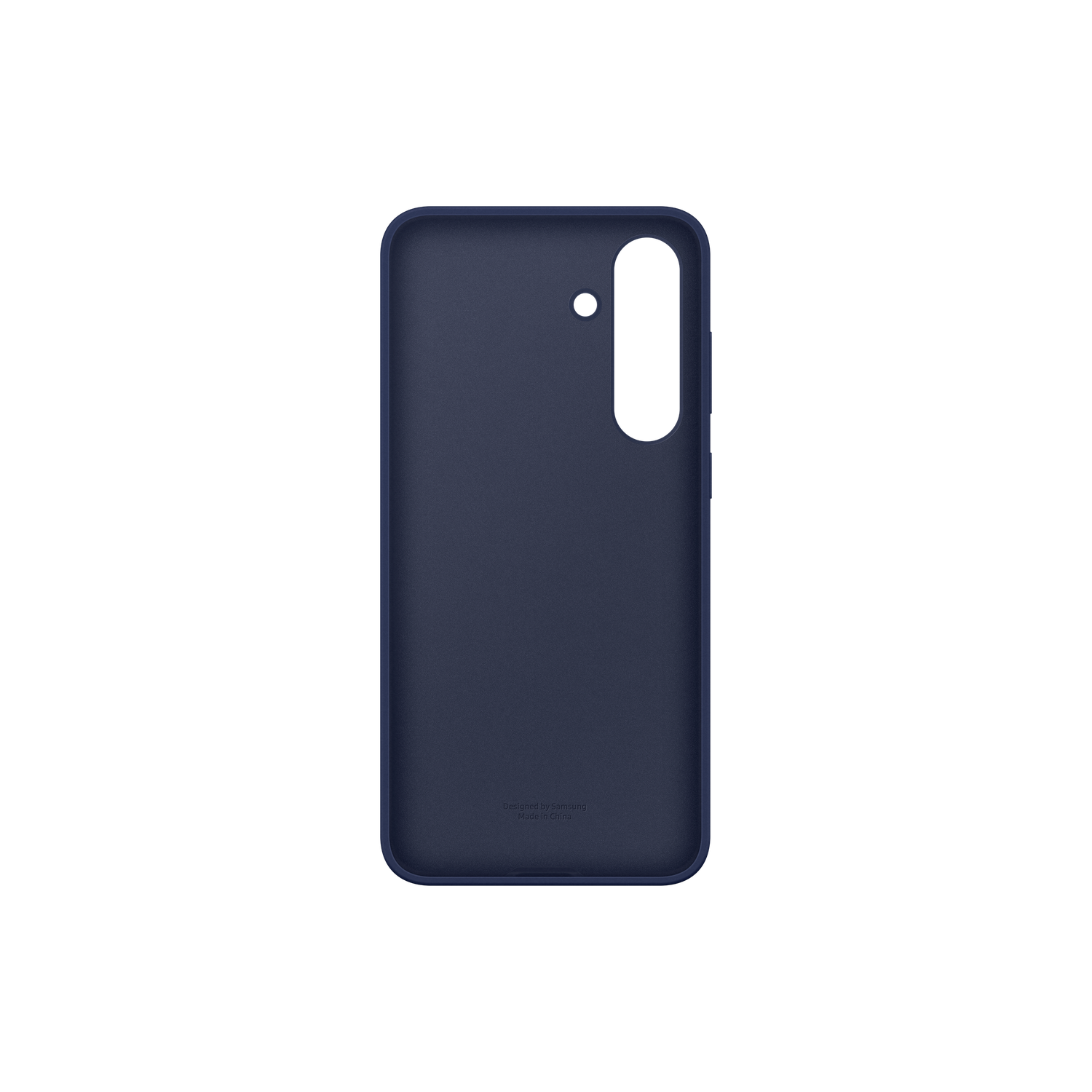 Een donkerblauwe telefoonhoes met uitsparingen voor de camera en knoppen wordt weergegeven tegen een zwarte achtergrond. De hoes is gecentreerd.