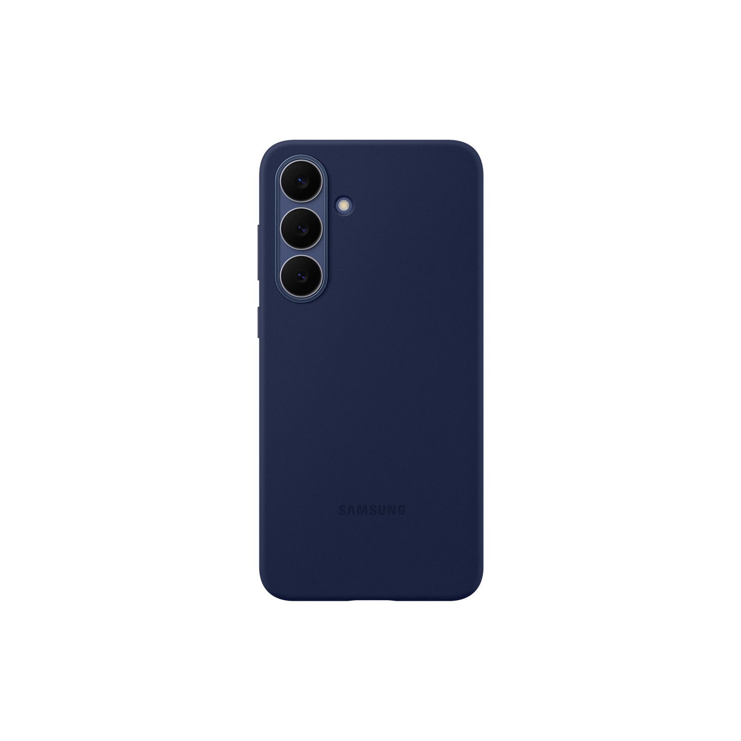 Een marineblauwe telefoonhoes met een drievoudig camerasysteem en een Samsung-logo. De achtergrond is effen zwart.