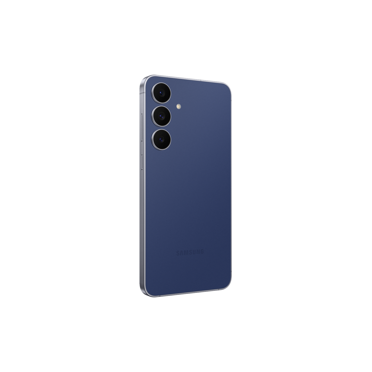 Un smartphone bleu avec trois caméras est présenté sur fond noir. Le cadre argenté du téléphone est visible.
