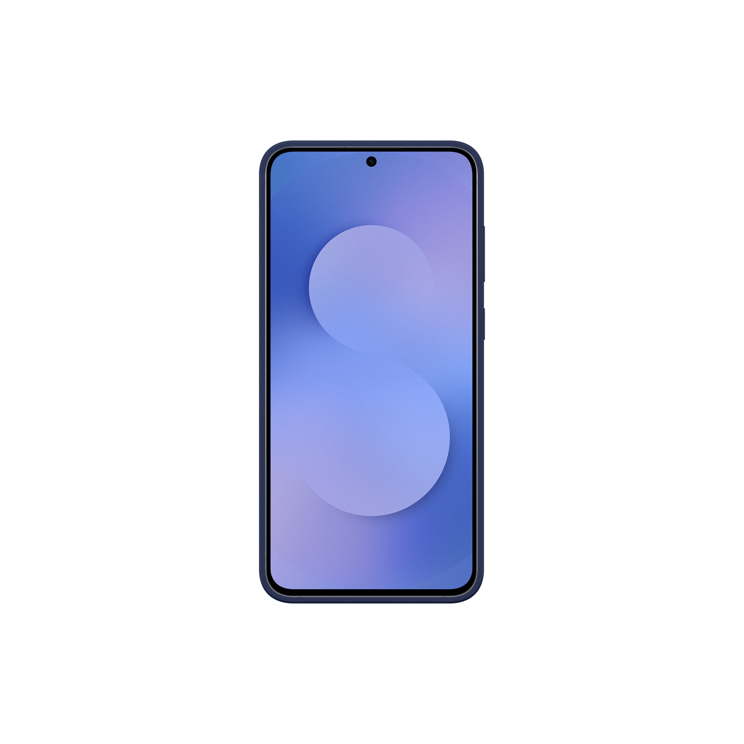Een smartphone met een blauwe behuizing en een blauw-wit scherm tegen een zwarte achtergrond. Het scherm toont een witte cirkel.