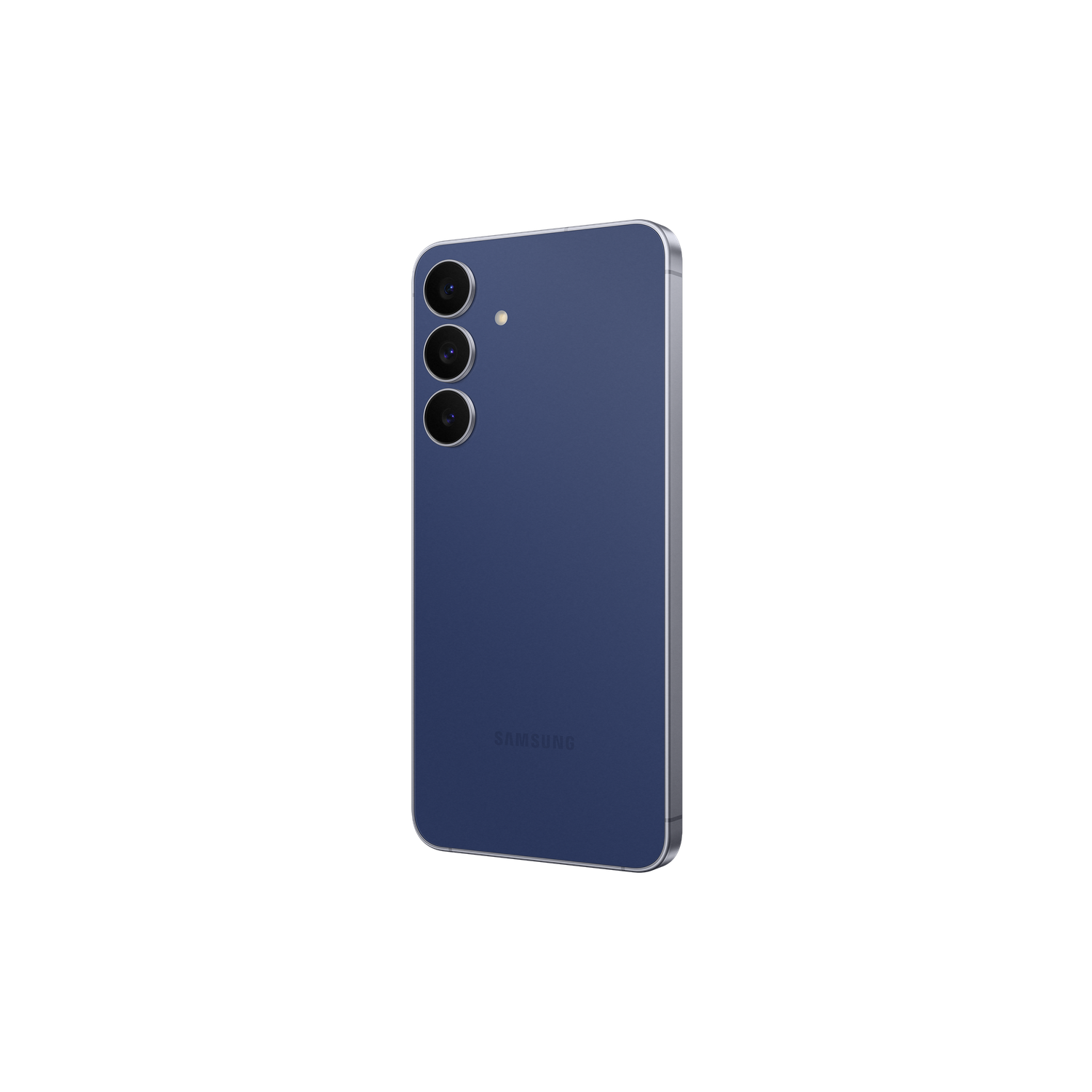 Un smartphone bleu avec trois caméras arrière est incliné vers la droite. Le logo Samsung est en bas sur un fond noir.