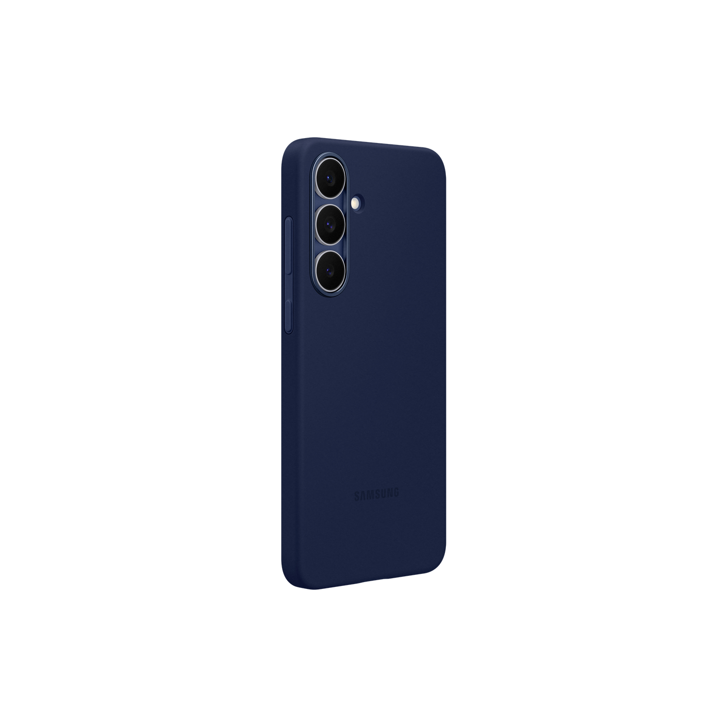 Een marineblauwe Samsung-telefoon in een hoesje. De achterkant heeft een camera-opstelling. Het Samsung-logo is zichtbaar. De achtergrond is zwart.