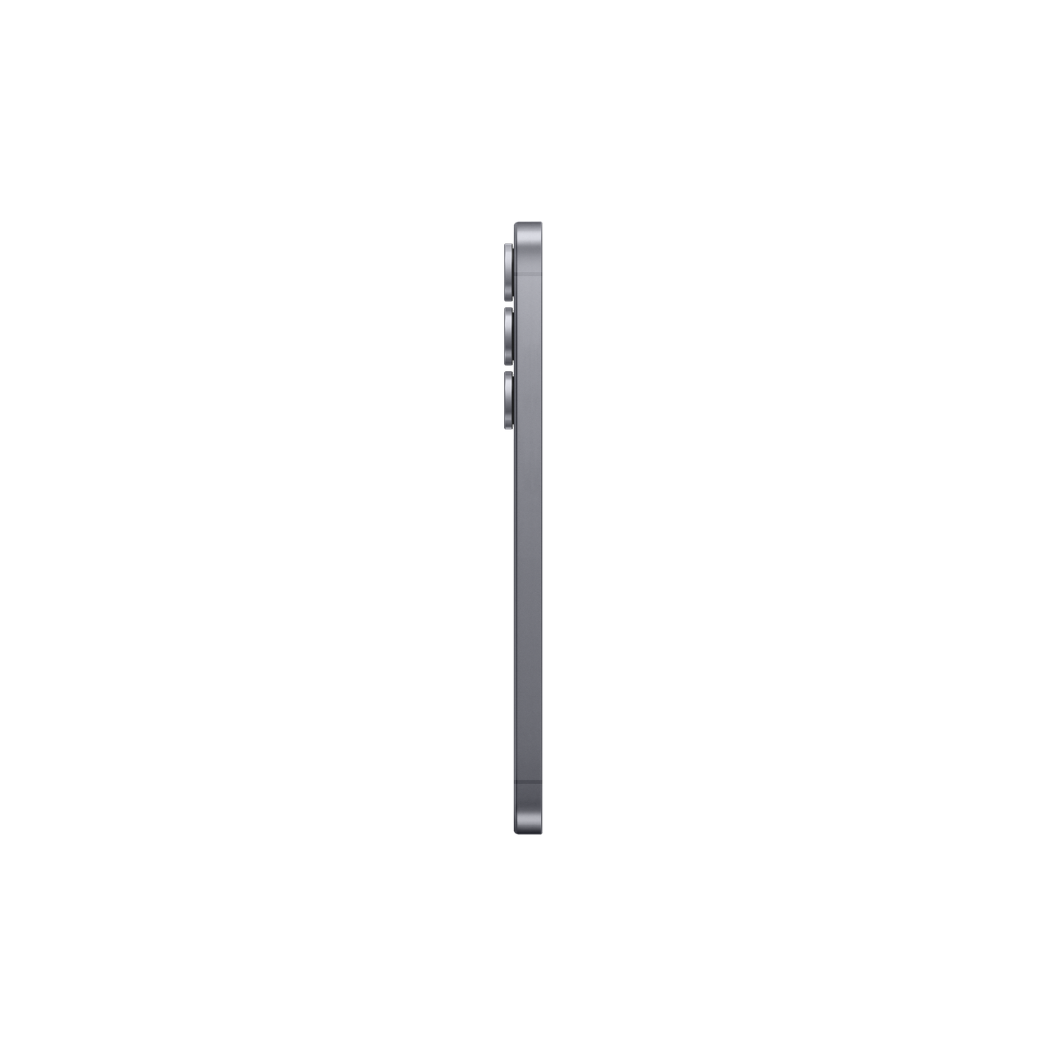 Un smartphone gris est présenté de côté, sur fond noir. Les lentilles de la caméra sont visibles. Le téléphone est centré.