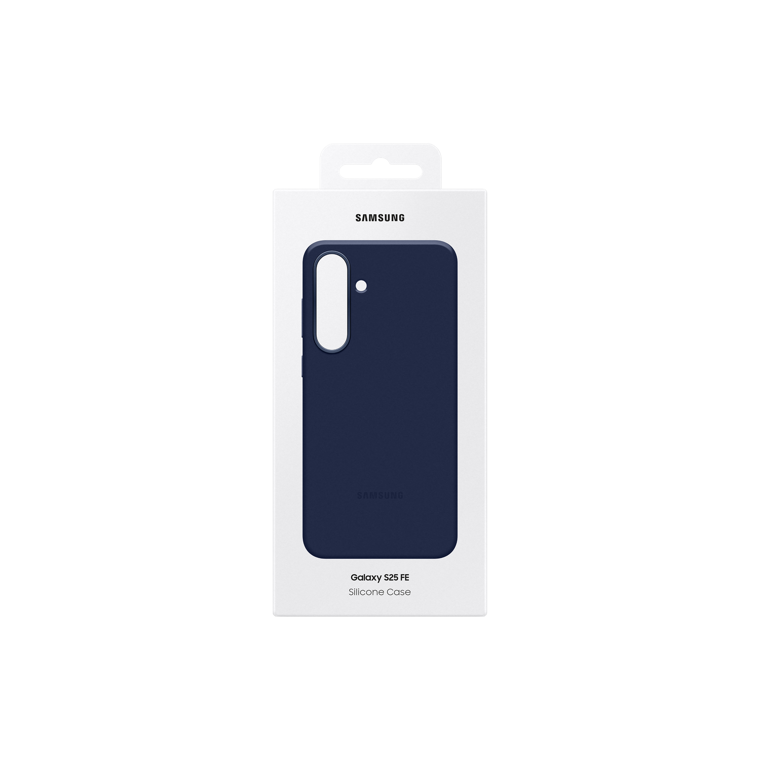 Een marineblauwe Samsung Galaxy S25 FE siliconen hoes in de witte verpakking. De verpakking heeft het Samsung-logo.