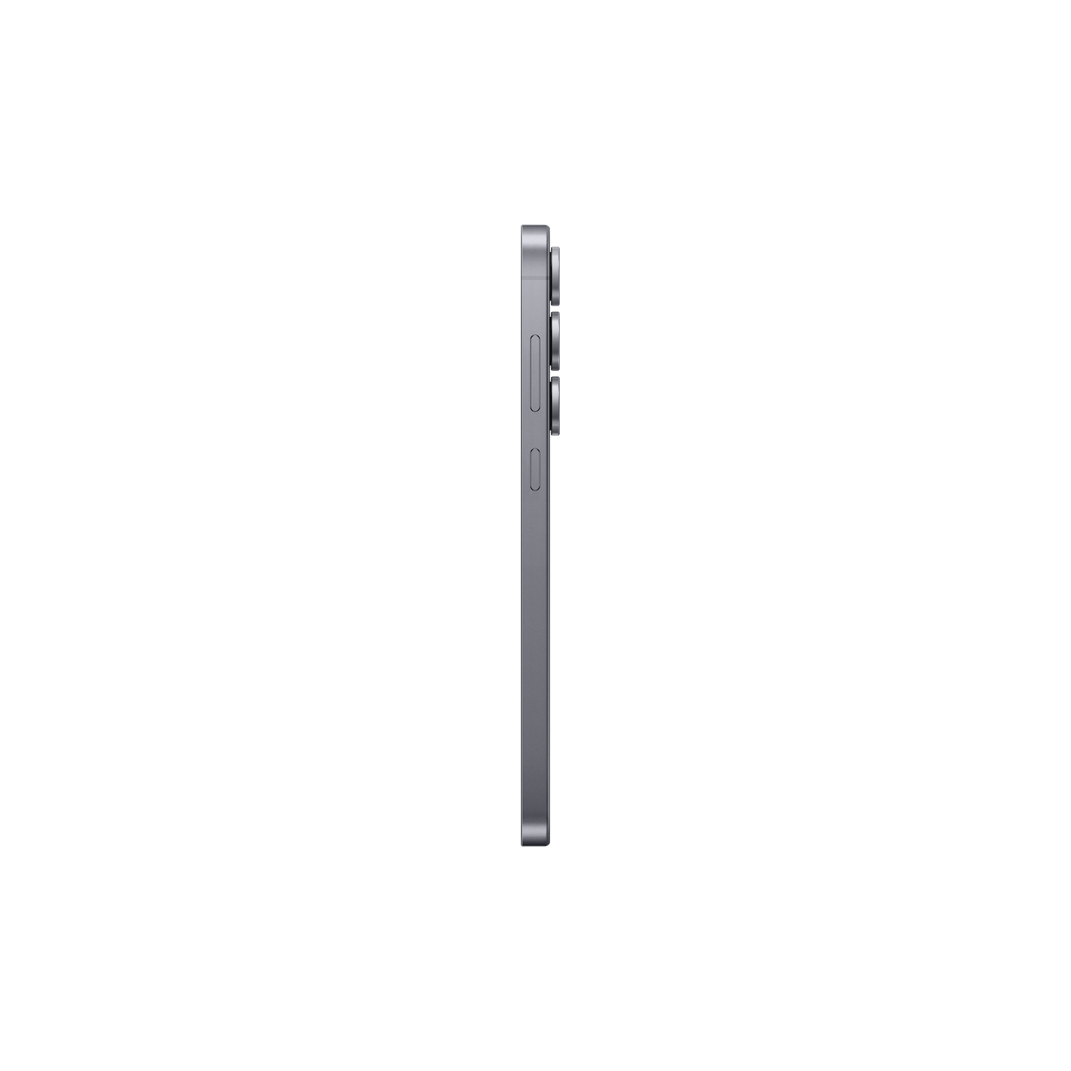 Vue latérale d'un smartphone argenté sur fond noir. Il montre les boutons de volume et d'alimentation.