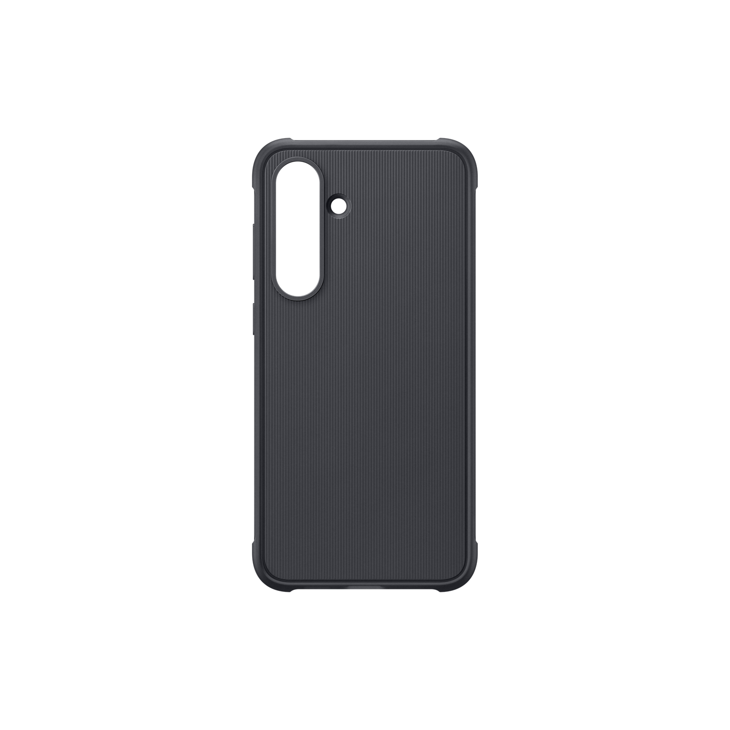 Een donkergrijze telefoonhoes met een getextureerde achterkant, camera-uitsparing en zwarte achtergrond.