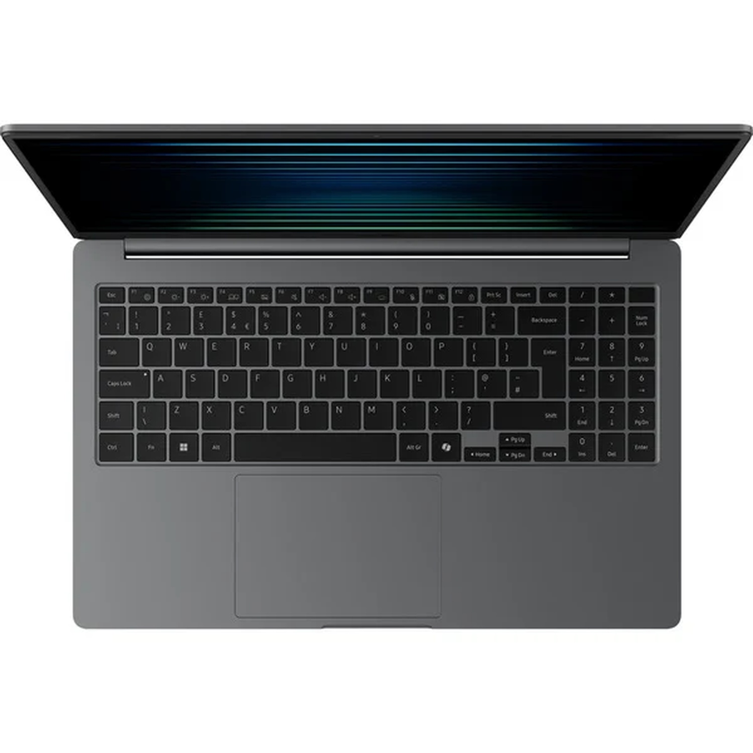 Laptop, bovenaanzicht. Open scherm met blauwe gradiënt. Toetsenbord met grijze toetsen en touchpad zichtbaar.