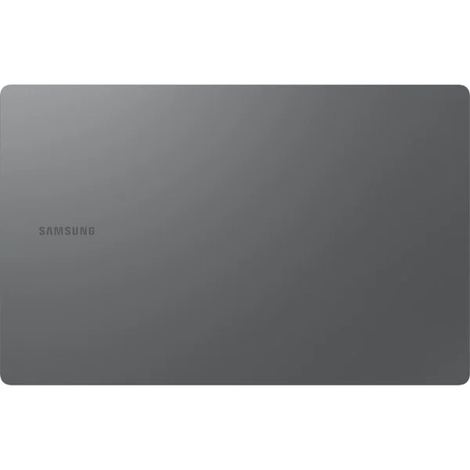 Een gesloten, grijze Samsung-laptop is te zien. De merknaam staat linksboven. Het oppervlak van de laptop is effen en reflecterend.
