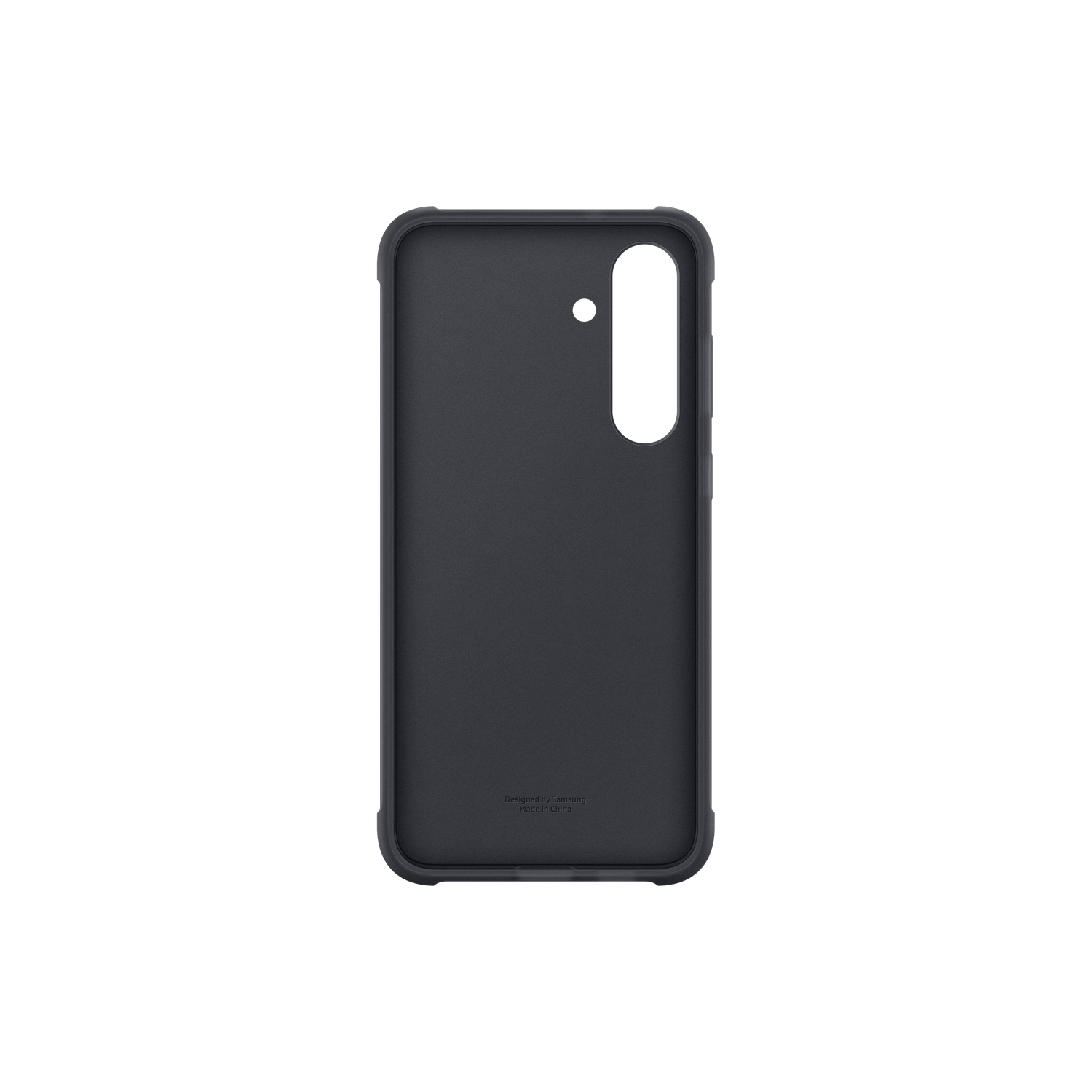Donkergrijze telefoonhoes, van binnenuit gezien. Het heeft een uitsparing voor de camera en is gelabeld "Designed by Samsung Made in China".