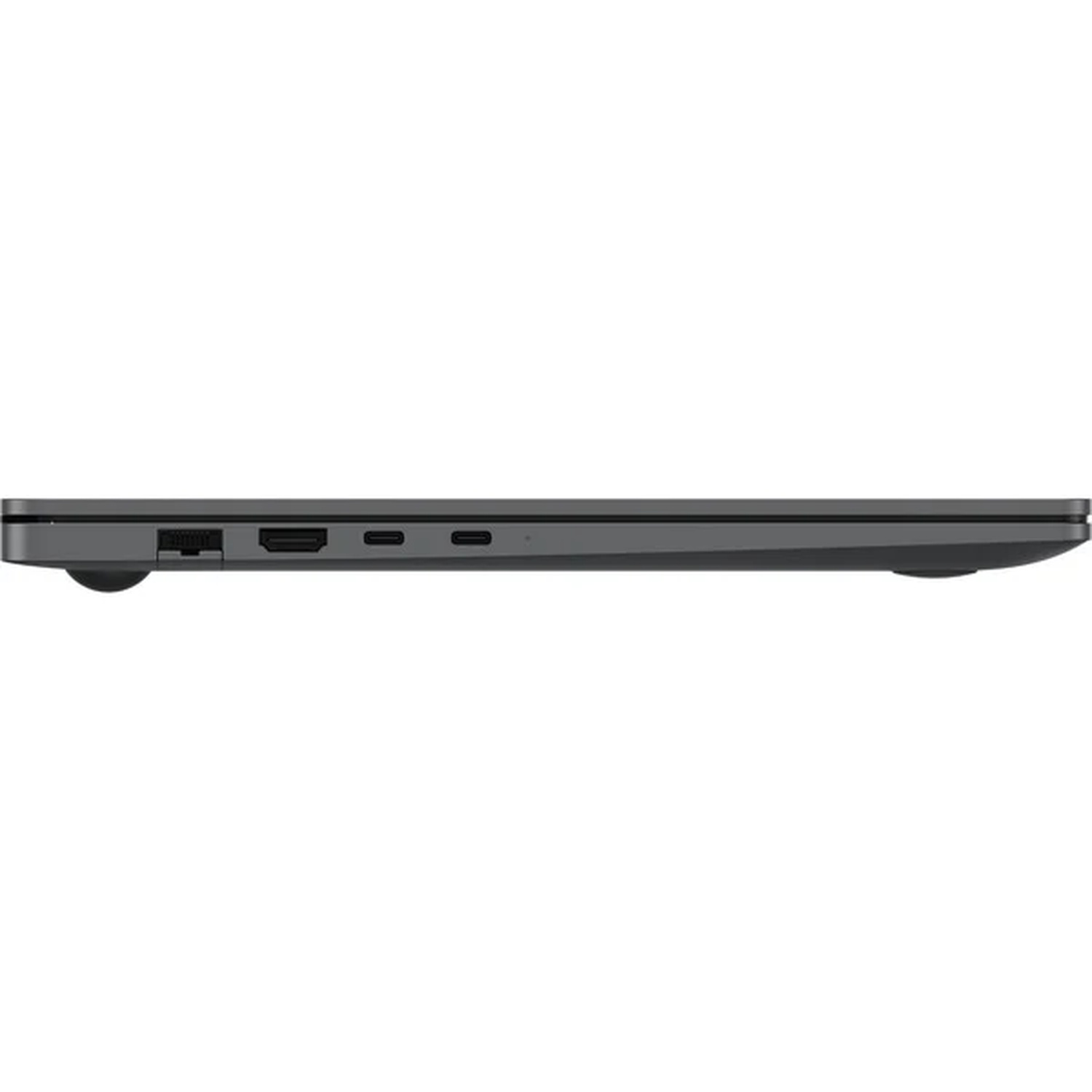 Zijaanzicht van een grijze laptop. Zichtbare poorten zijn USB, HDMI en andere. De laptop staat op een witte achtergrond.