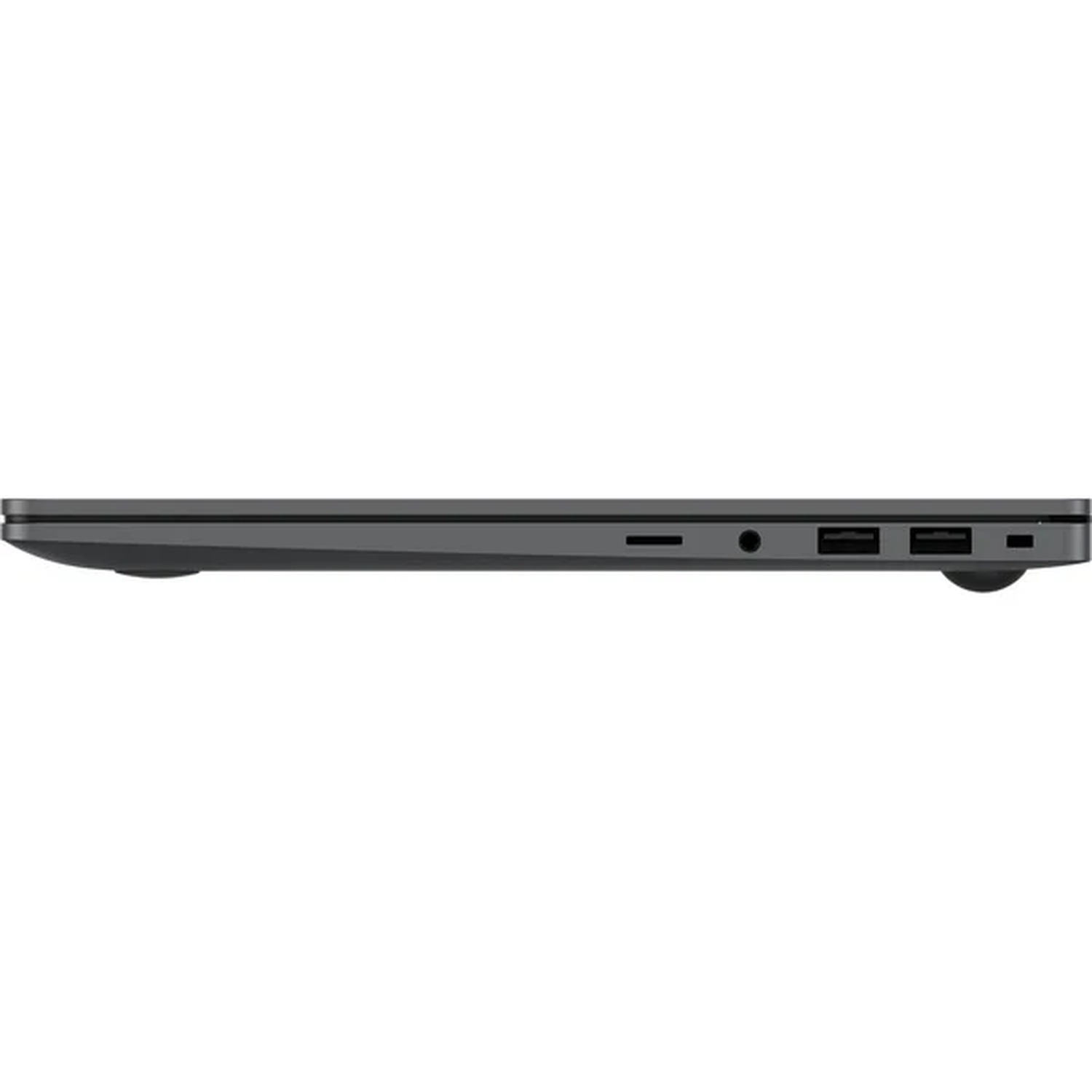 Zijaanzicht van een donkergrijze laptop. Zichtbare poorten zijn USB, audio en opladen. De achtergrond is effen wit.