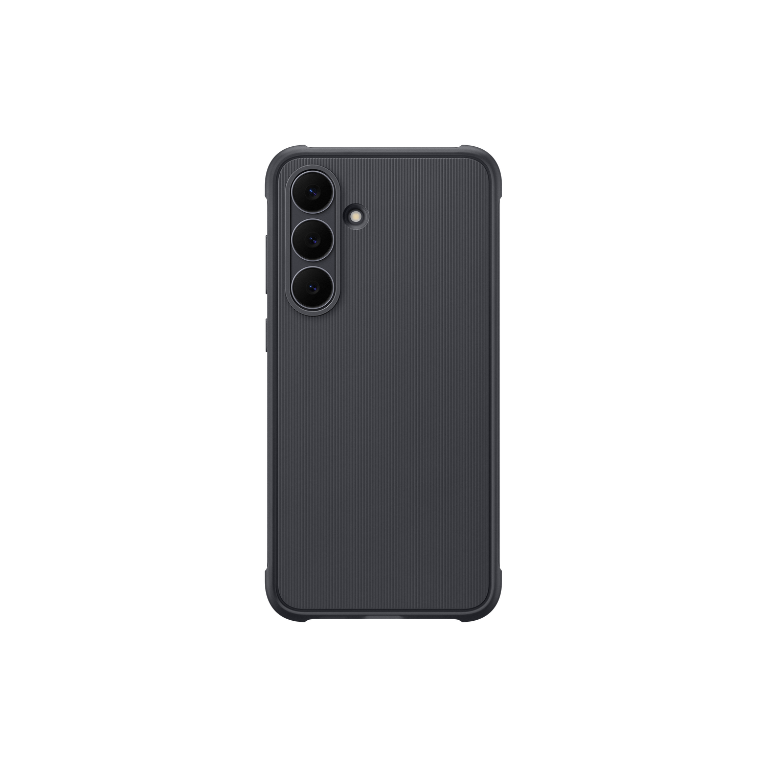 Een zwarte telefoonhoes met drie cameralenzen en een flitser is gecentreerd. De hoes heeft een textuur achterkant en donkergrijze randen.