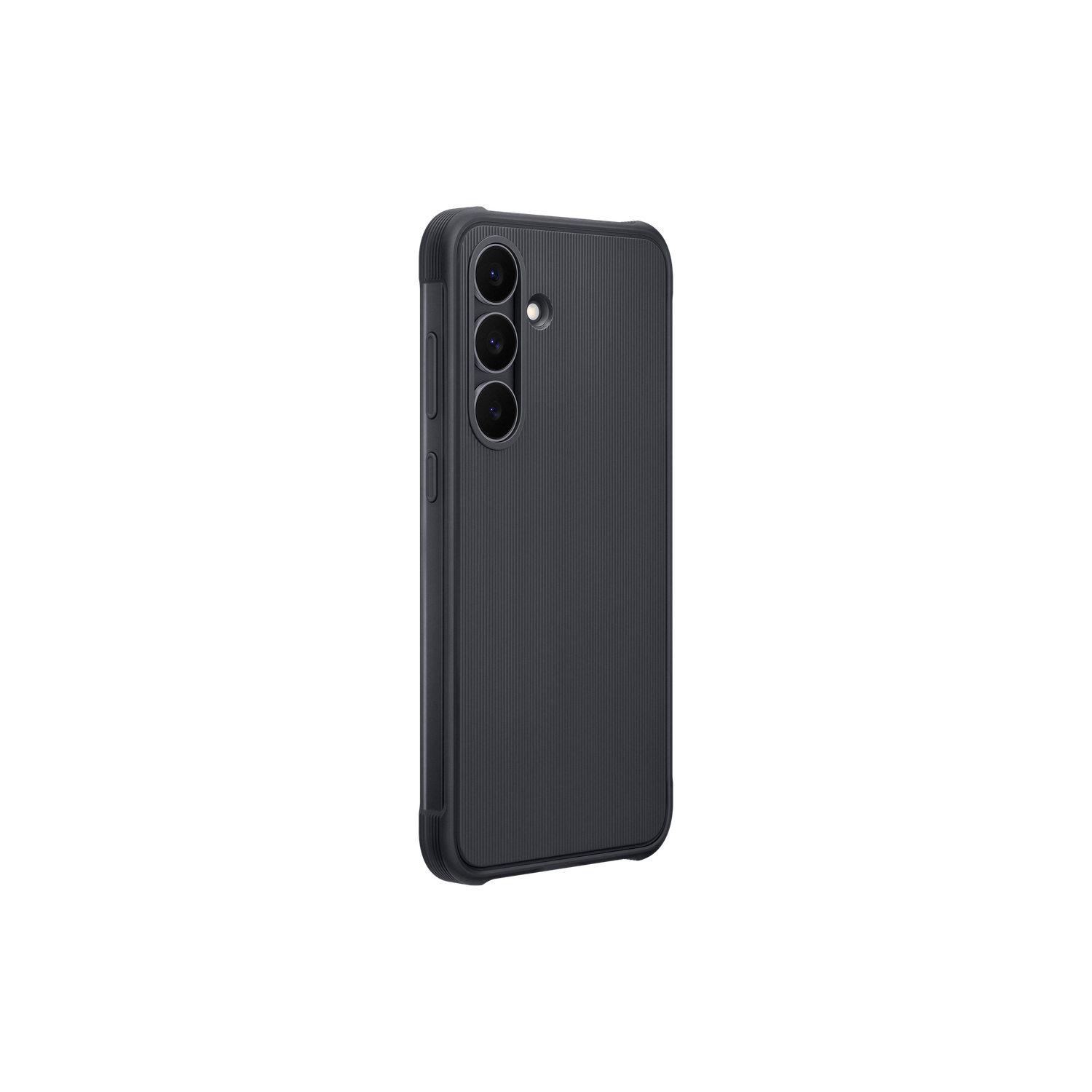 Een donkergrijze telefoonhoes met drie cameralenzen en een gestructureerd oppervlak. Het is onder een hoek tegen een zwarte achtergrond.
