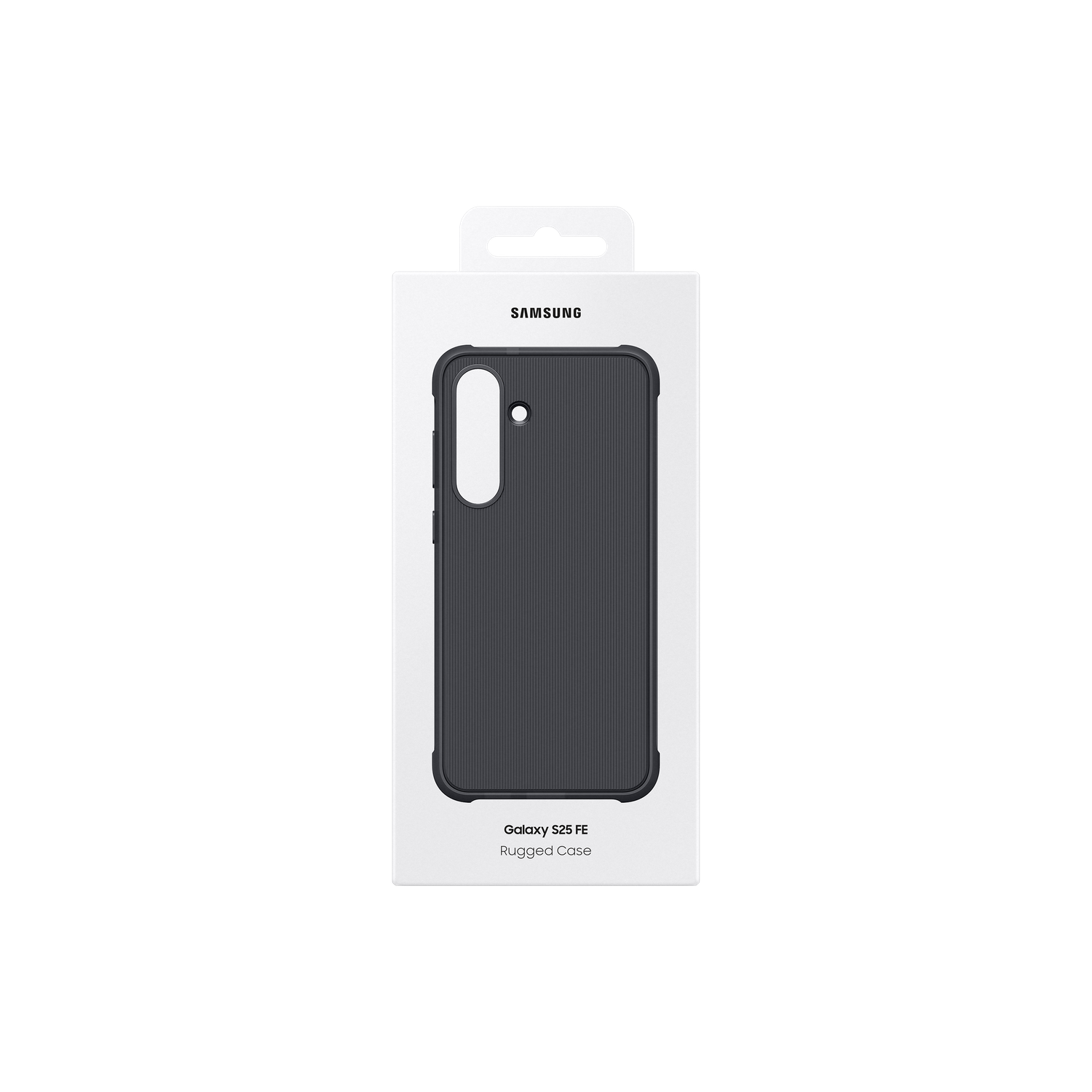 Een stevige Samsung Galaxy S25 FE-hoes in de verpakking. De hoes is donkergrijs met verticale ribbels.