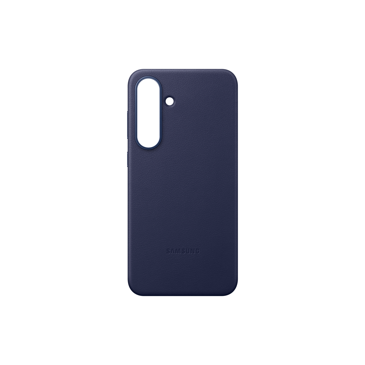 Een marineblauwe telefoonhoes met een camera-uitsparing is gecentreerd tegen een zwarte achtergrond. Het woord "SAMSUNG" is zichtbaar onderaan.