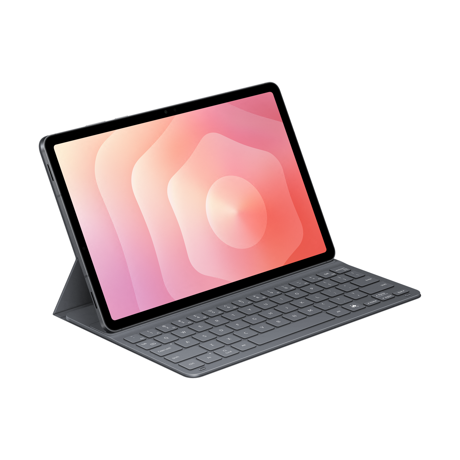 A tablet with a keyboard case. The tablet screen displays a light pink and white gradient. The keyboard and case are gray.