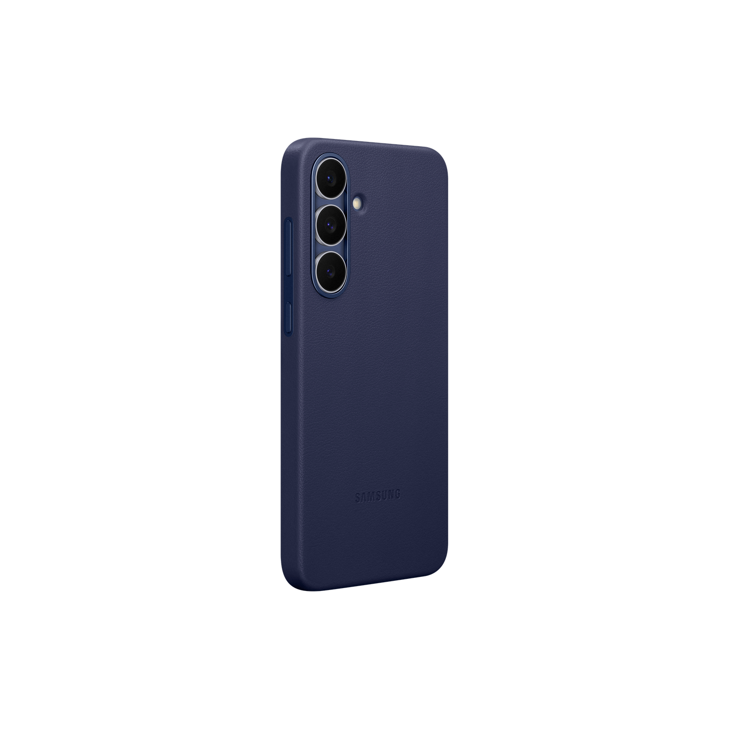 Een marineblauwe Samsung telefoonhoes. Het heeft drie cameralenzen en een flitser. De achtergrond is zwart.