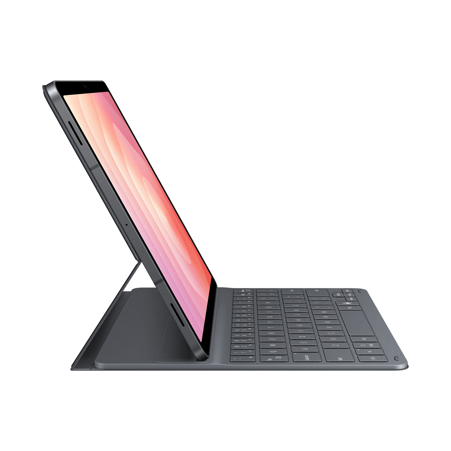 A dark gray tablet with a detached keyboard. The screen displays a gradient of pink and orange. The background is black.
