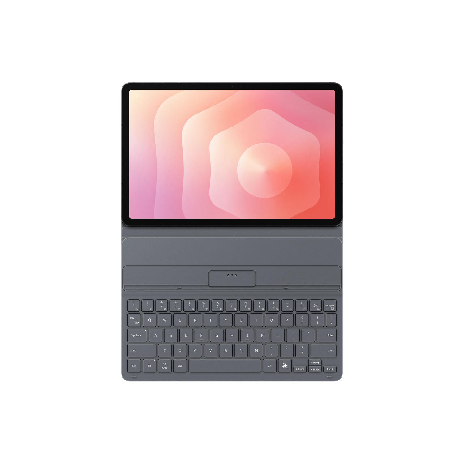 A tablet with a keyboard. The screen shows a pink and orange abstract design. The keyboard is gray with white lettering.
