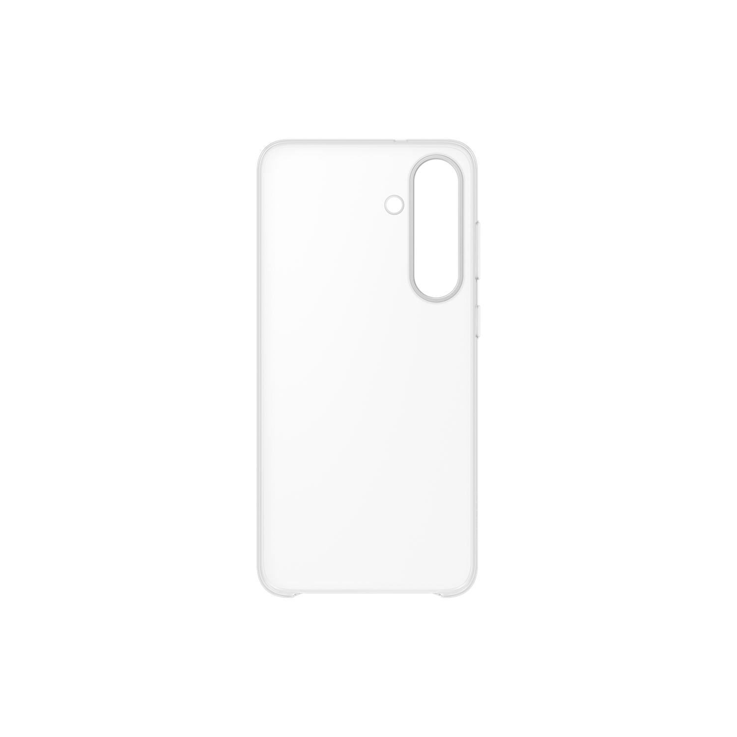 Een witte telefoonhoes op een zwarte achtergrond. Het heeft een uitsparing voor de camera en een kleine stip. De hoes is gecentreerd.