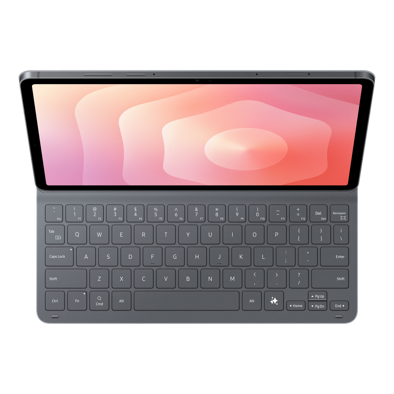 Tablet with attached keyboard. The screen displays an abstract design of pink and white shapes. The keyboard is dark gray.