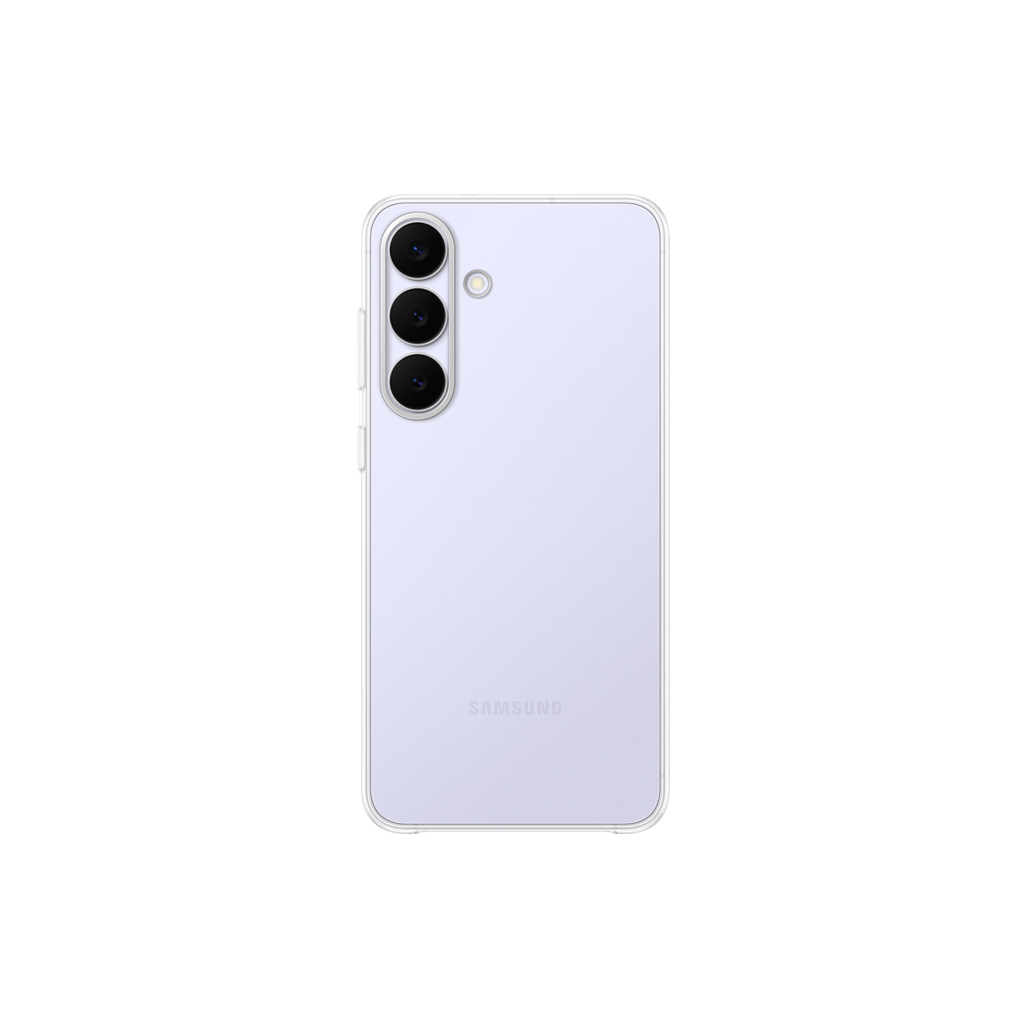 Achterkant van een lichtpaarse Samsung smartphone. Drie verticale camera's links, Samsung logo onderaan.