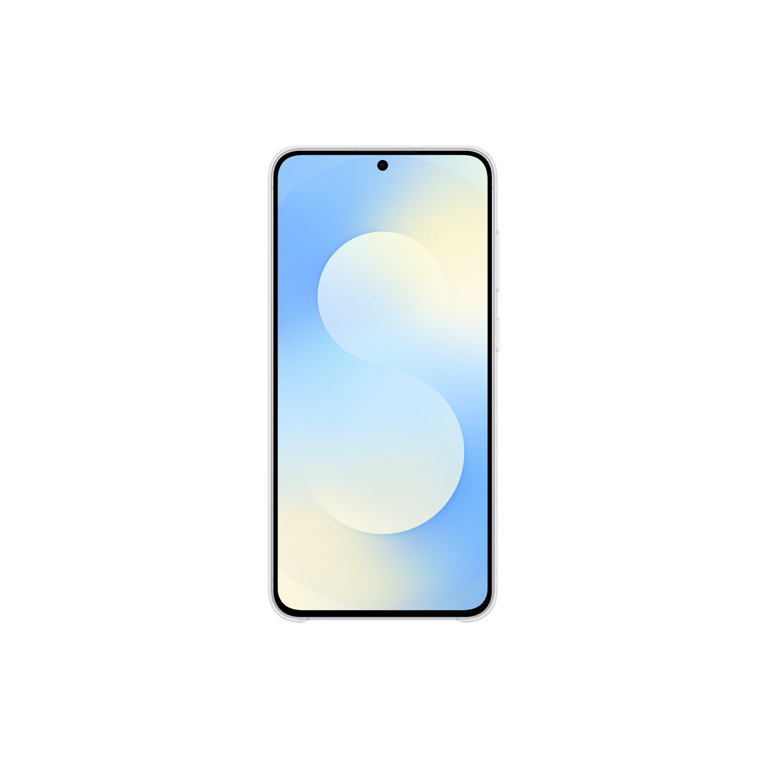 Een smartphone met een wit frame en een scherm met een blauw-witte gradiënt. De achtergrond is zwart.