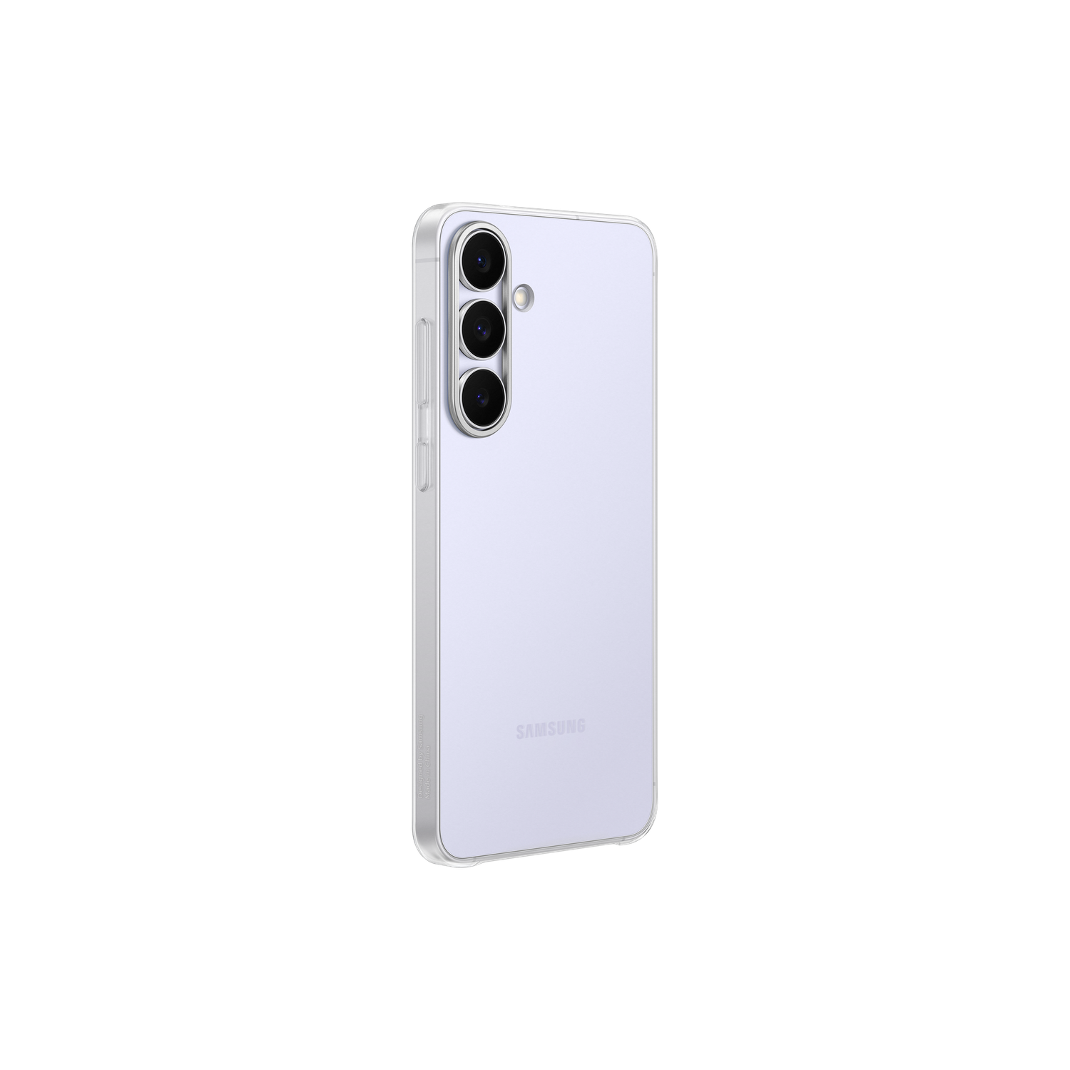 Een lichtpaarse Samsung telefoon wordt van achteren getoond. Het heeft drie camera's en een doorzichtige hoes. De achtergrond is zwart.