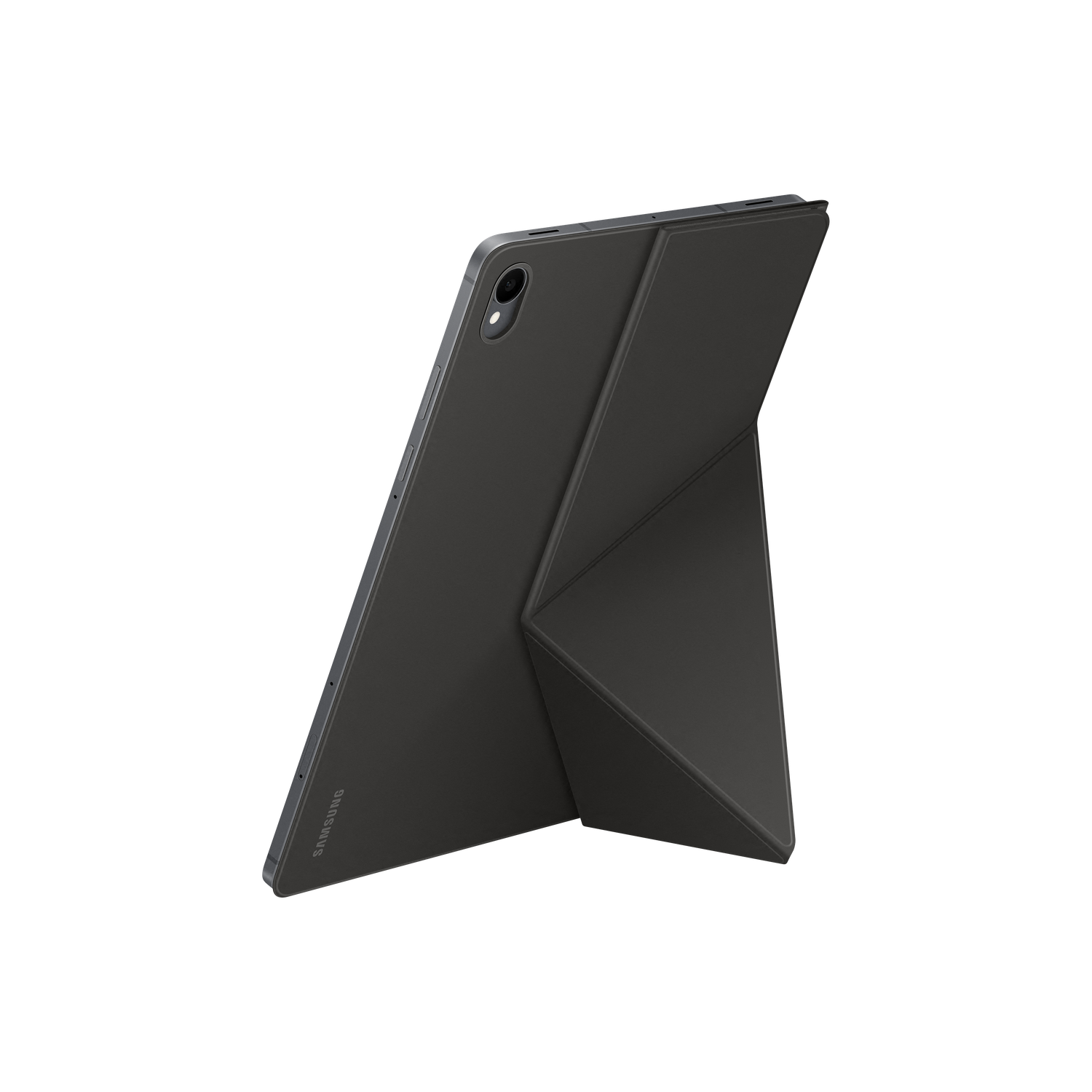 Une tablette Samsung noire avec une housse pliée en support, sur fond noir.