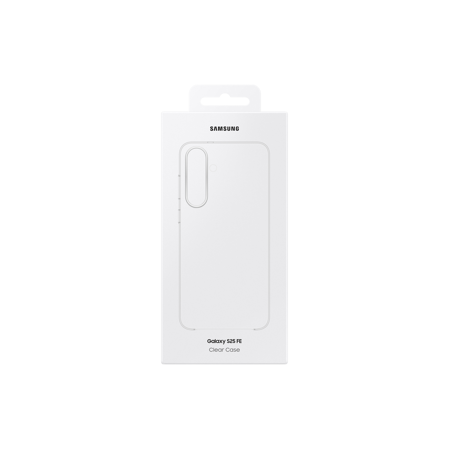 Een witte Samsung Galaxy S25 FE Clear Case doos staat gecentreerd op een zwarte achtergrond. De doos heeft een doorzichtige telefooncontour.