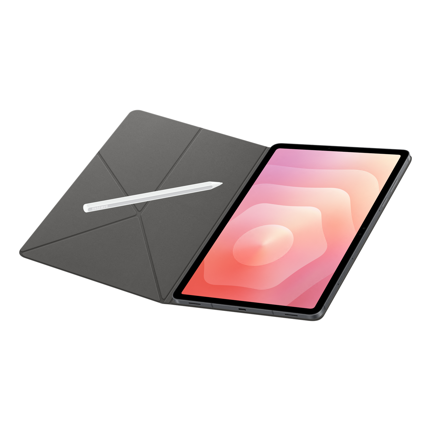Tablette avec étui gris ouvert et stylet blanc sur fond noir. L'écran affiche une image abstraite rose et orange.