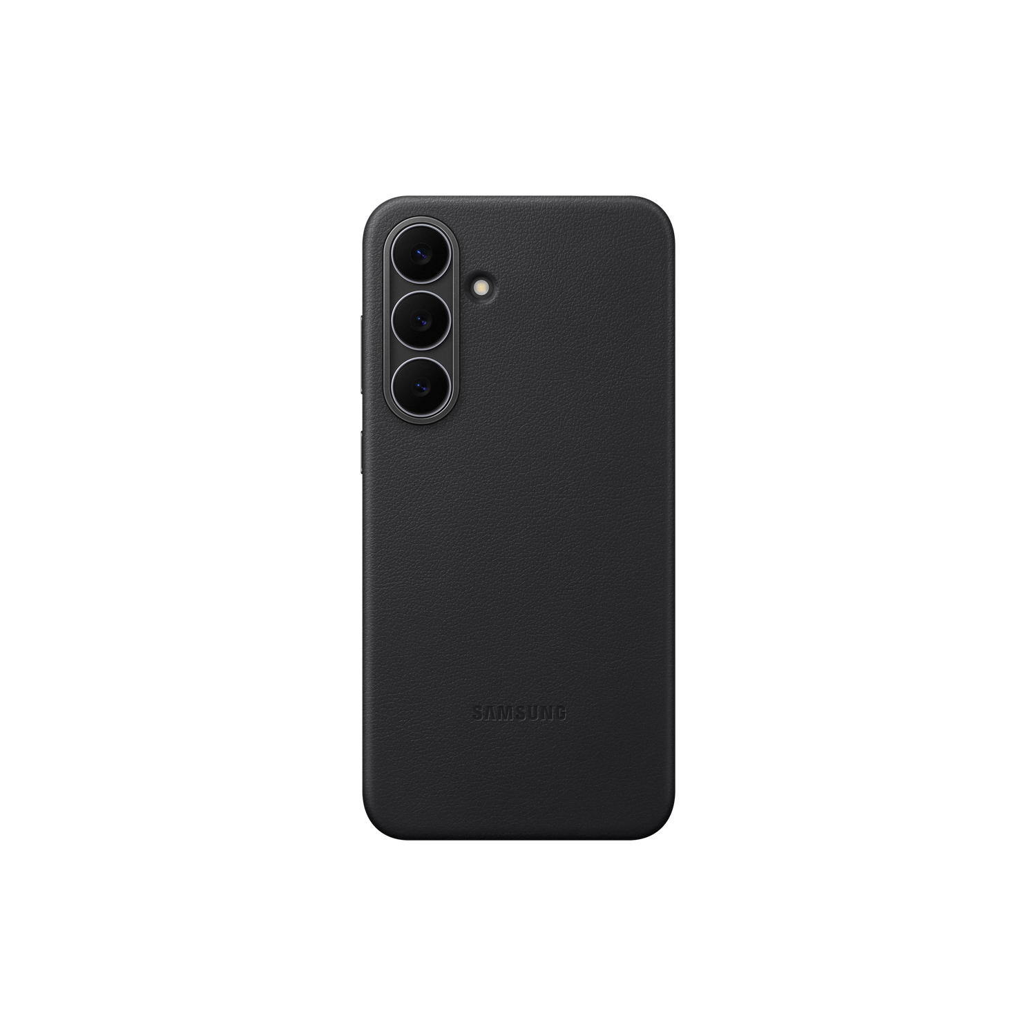 Zwarte telefoonhoes met drie cameralenzen en een flitser. De hoes heeft een getextureerde afwerking en het Samsung-logo.