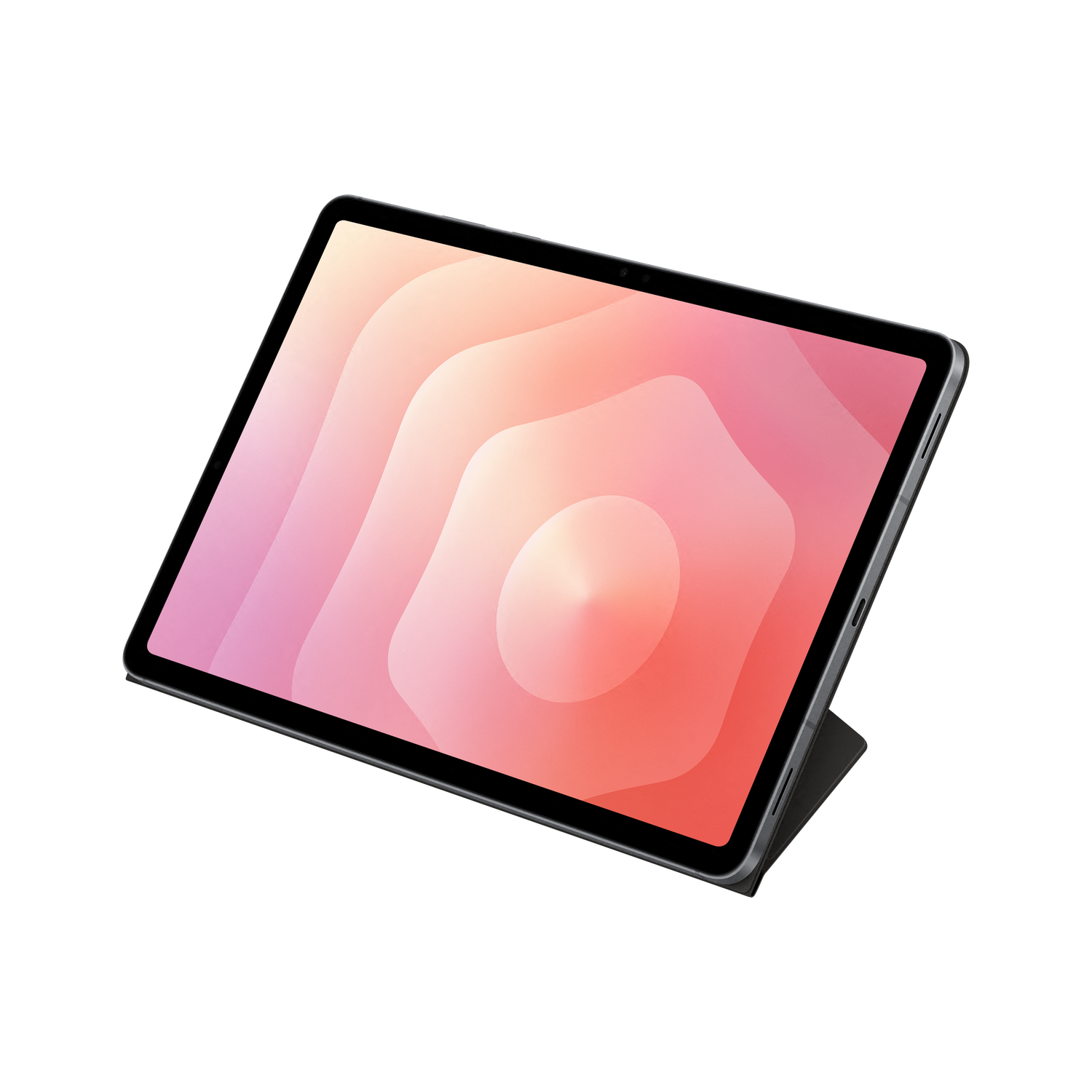 Une tablette avec un écran coloré affichant des formes roses et oranges. Elle repose sur une surface sombre, avec une housse sombre attachée.