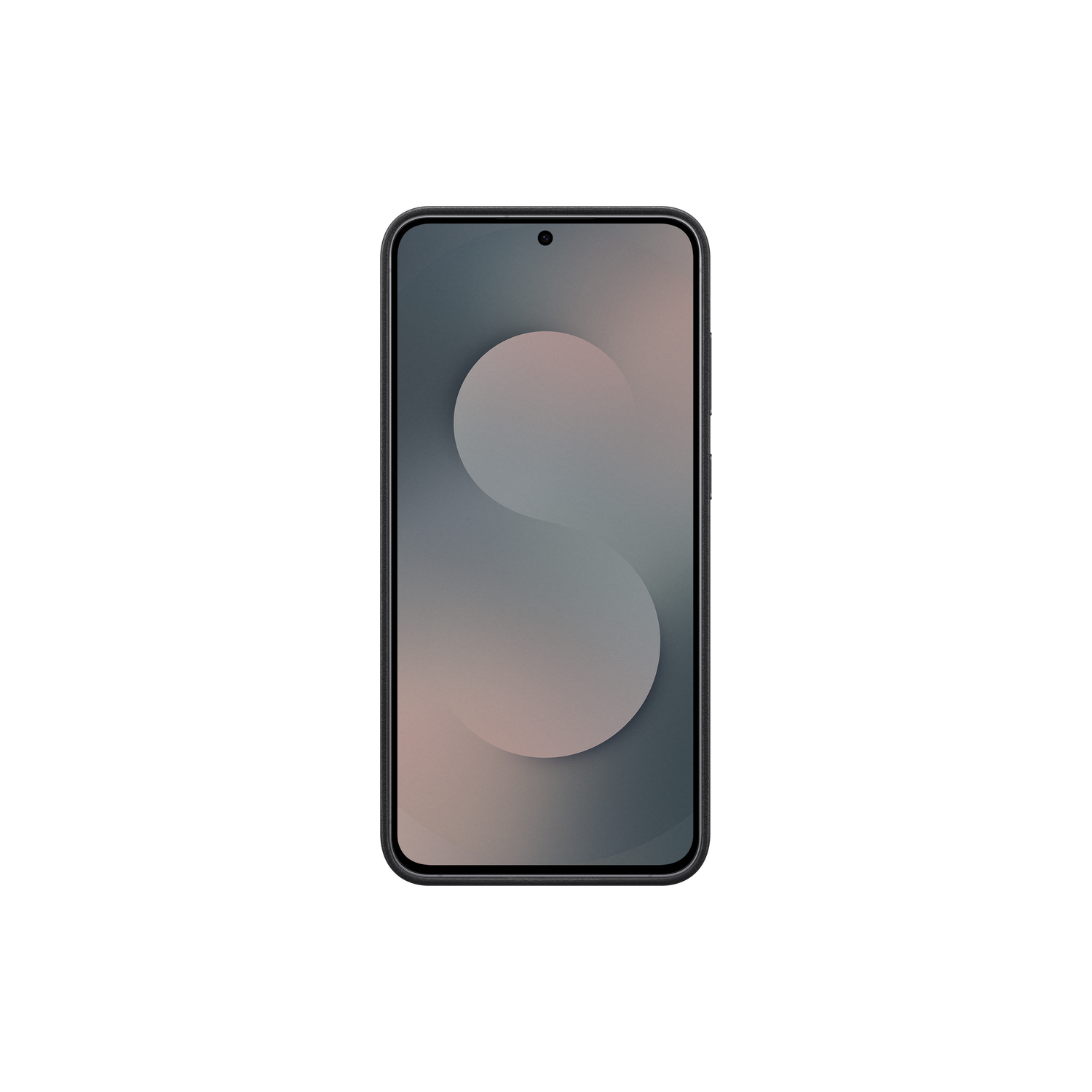 Smartphone met een gradiënt achtergrond en een grote grijze cirkel. De telefoon is zwart met een gecentreerde camera, op zwarte achtergrond.