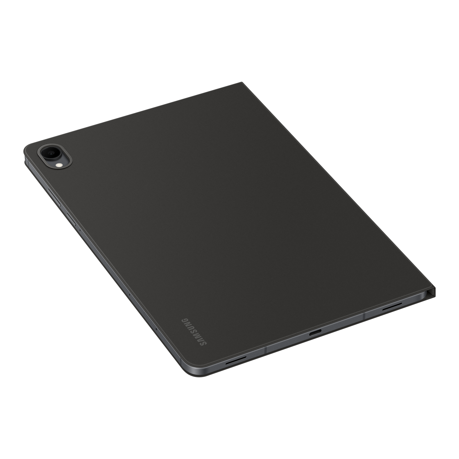 Une tablette Samsung noire est inclinée sur un fond noir. La tablette a une caméra et le logo Samsung est visible.