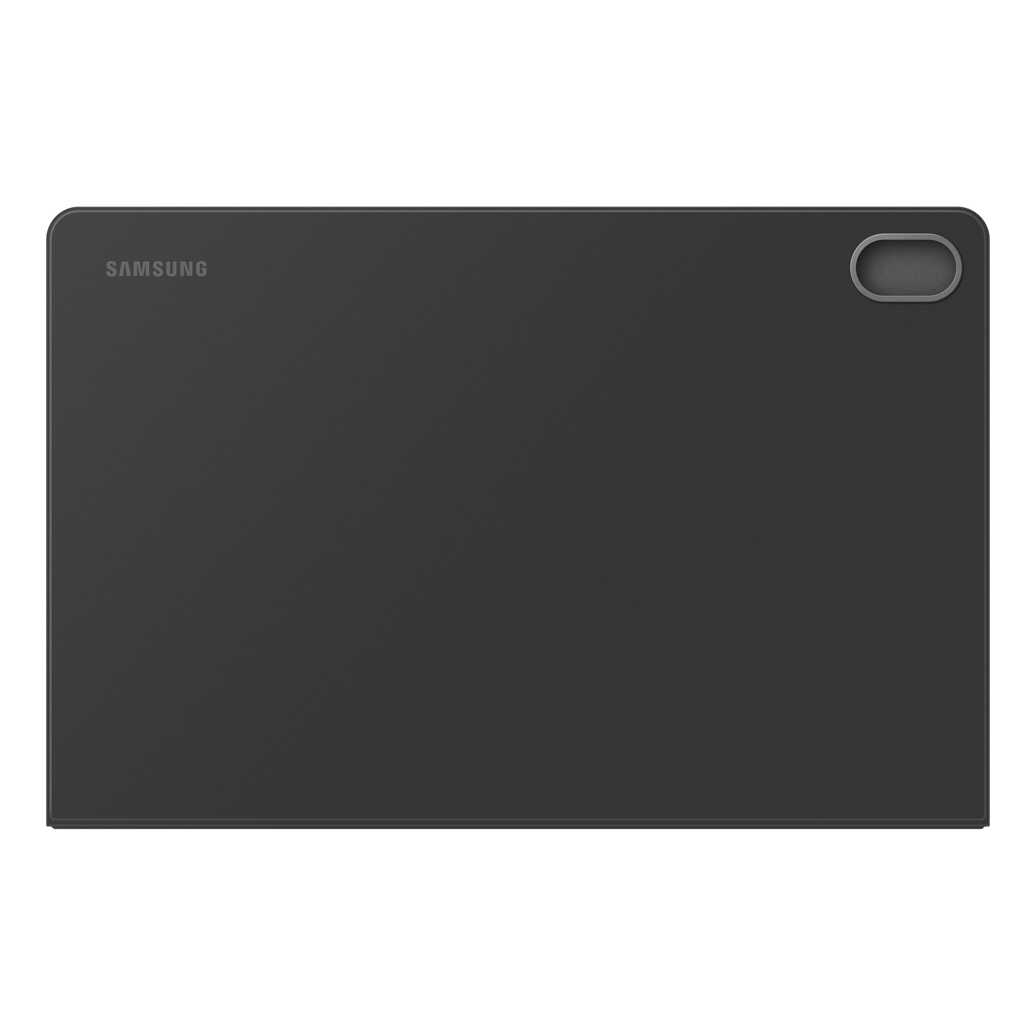 Une tablette Samsung noire avec une bosse de caméra rectangulaire arrondie. Le logo Samsung est dans le coin supérieur gauche.