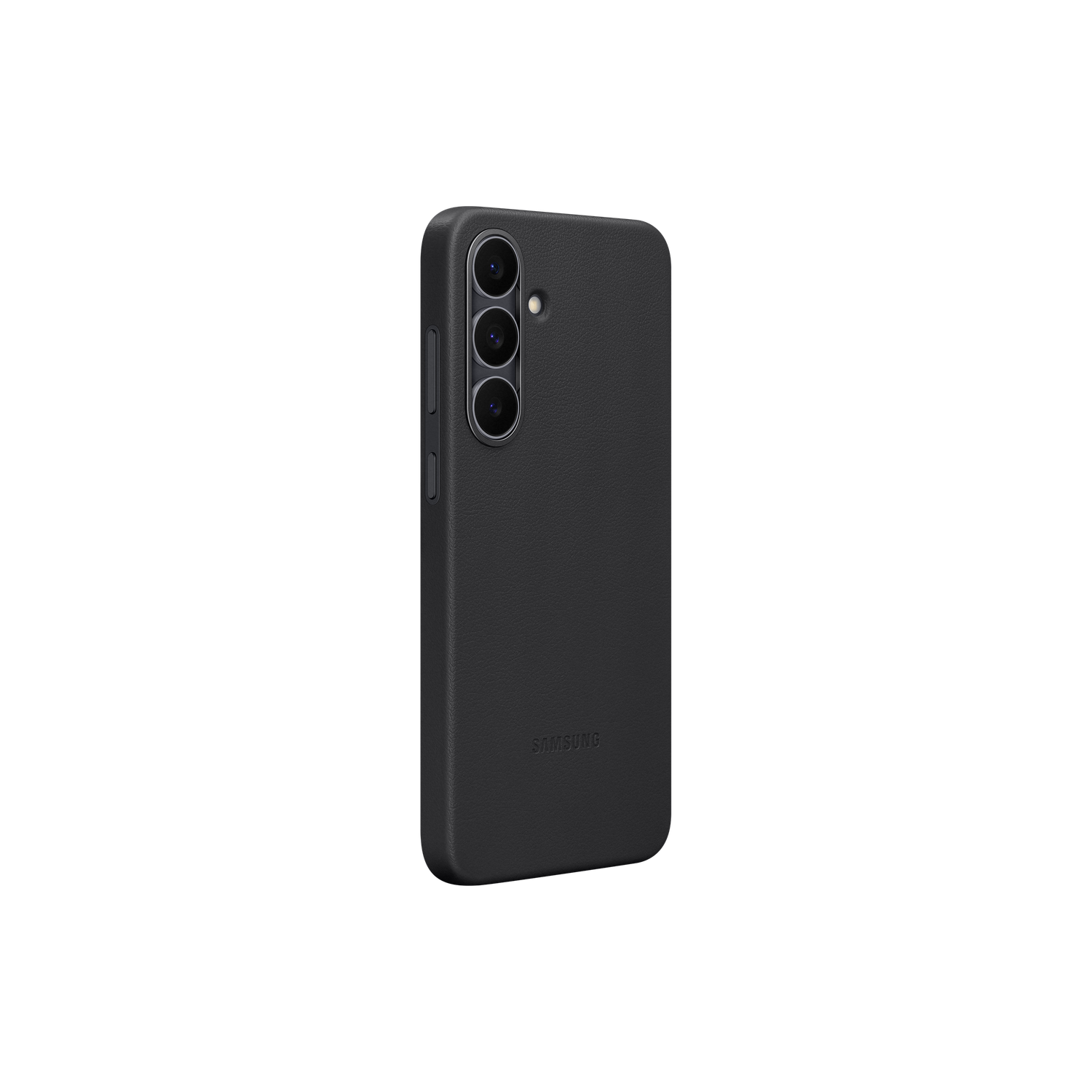 Een zwarte telefoonhoes met drie cameralenzen en een Samsung-logo op een zwarte achtergrond. De hoes heeft knoppen aan de zijkant.