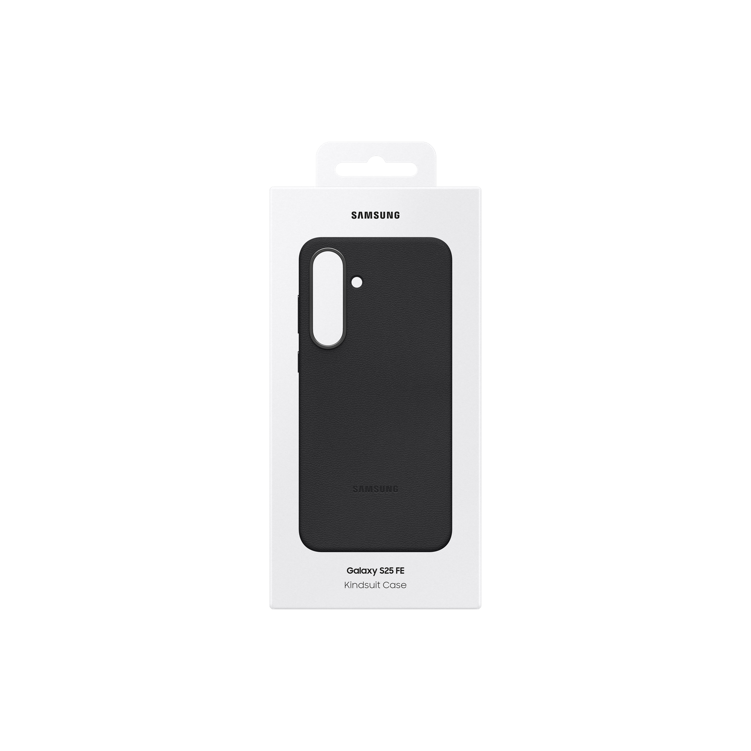 Een Samsung Galaxy S25 FE telefoonhoesje in de doos. De hoes is zwart, de doos is wit met zwarte tekst. De achtergrond is zwart.