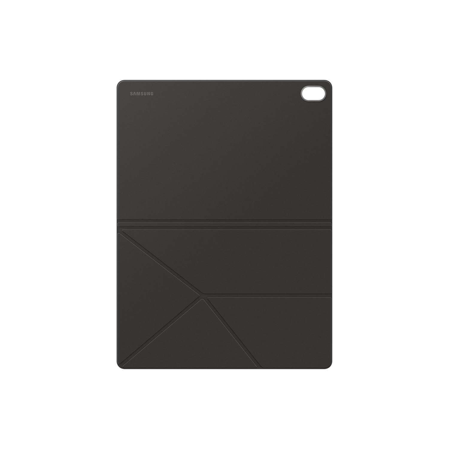 Une housse de tablette Samsung noire. L'étui est plié pour créer un support, avec le logo Samsung visible.