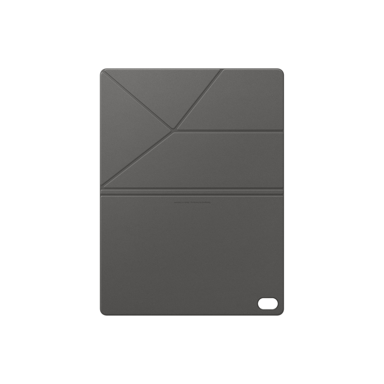 Une housse de tablette gris foncé avec un design géométrique. La housse a une couverture pliable. Le fond est noir.