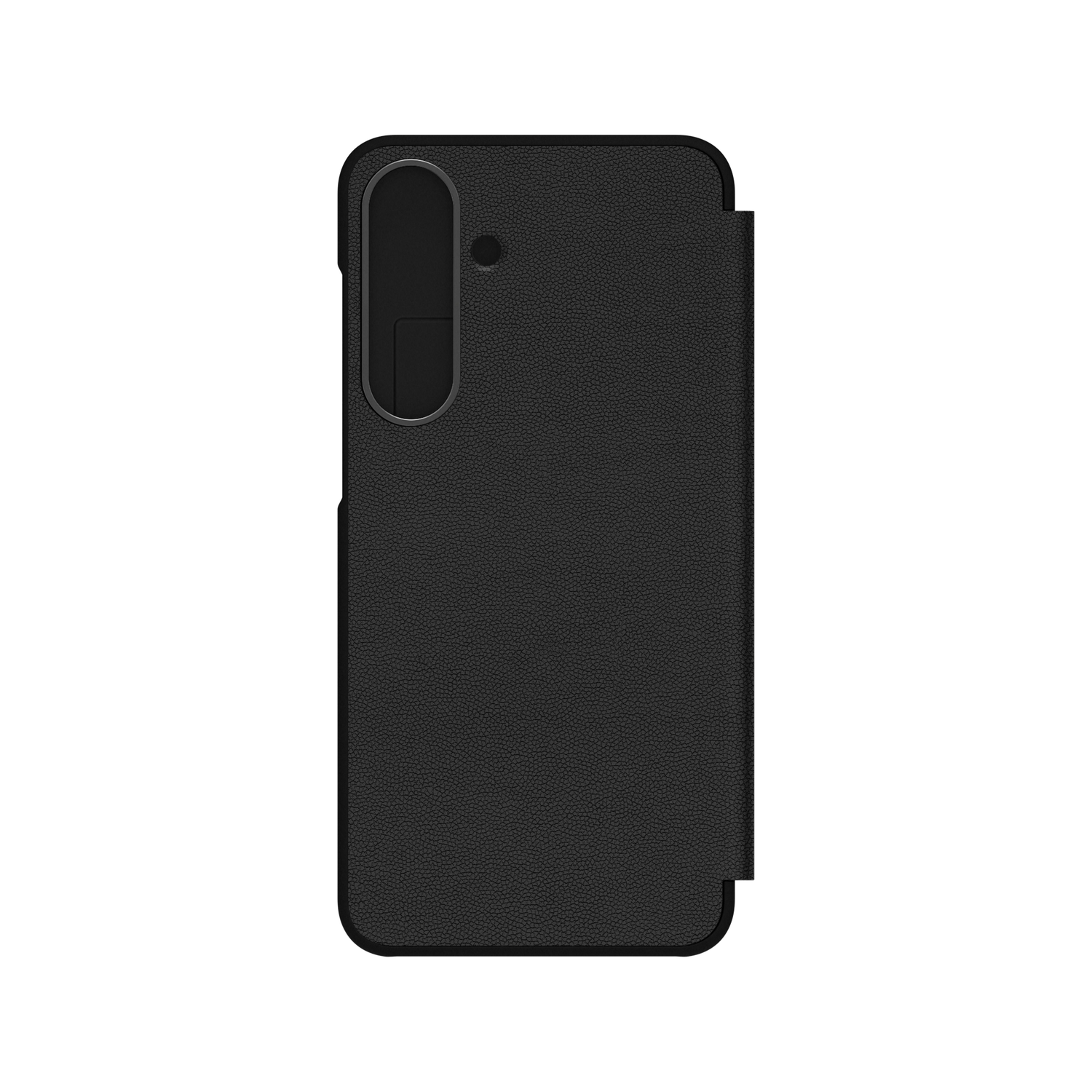 Un étui de téléphone noir avec une surface texturée, une découpe pour l'appareil photo et un rabat. Le fond est noir.