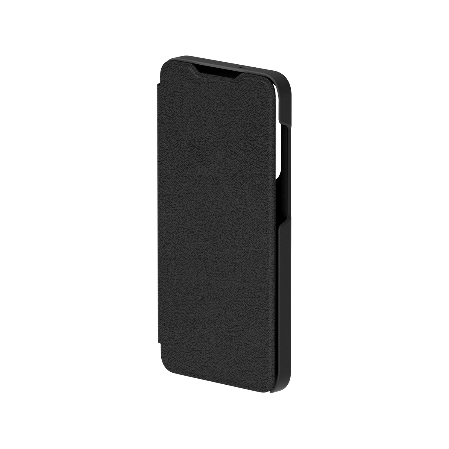 Un étui de téléphone noir, fermé, est montré sur un fond noir. L'étui a une surface texturée et un rabat.
