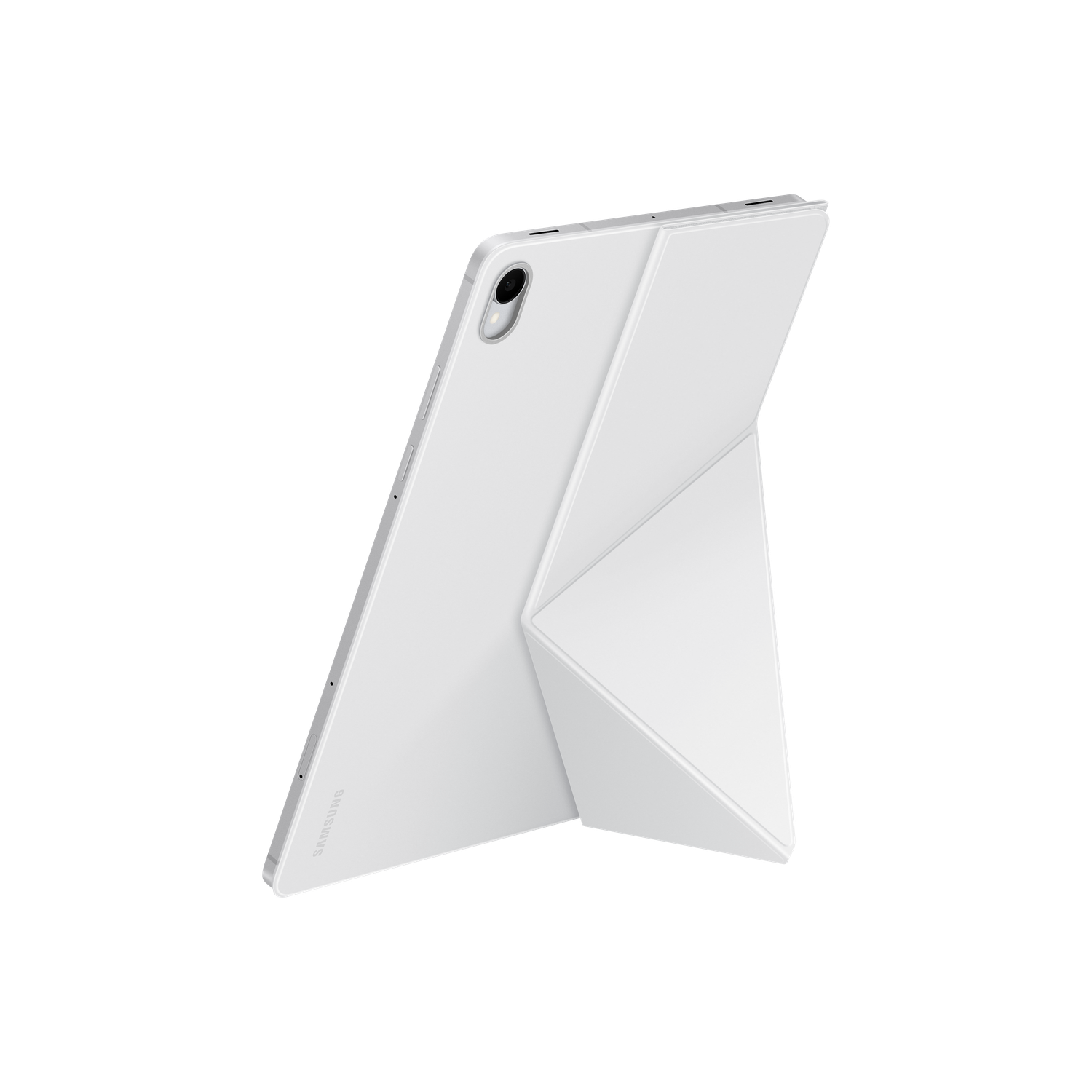 Une tablette blanche avec un support pliable blanc est affichée sur fond noir. La tablette est inclinée, montrant la caméra et le logo Samsung.