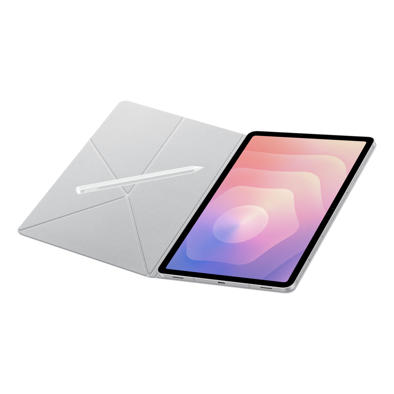 Une tablette avec une housse gris clair et un stylet, sur fond noir. L'écran affiche des dégradés colorés.
