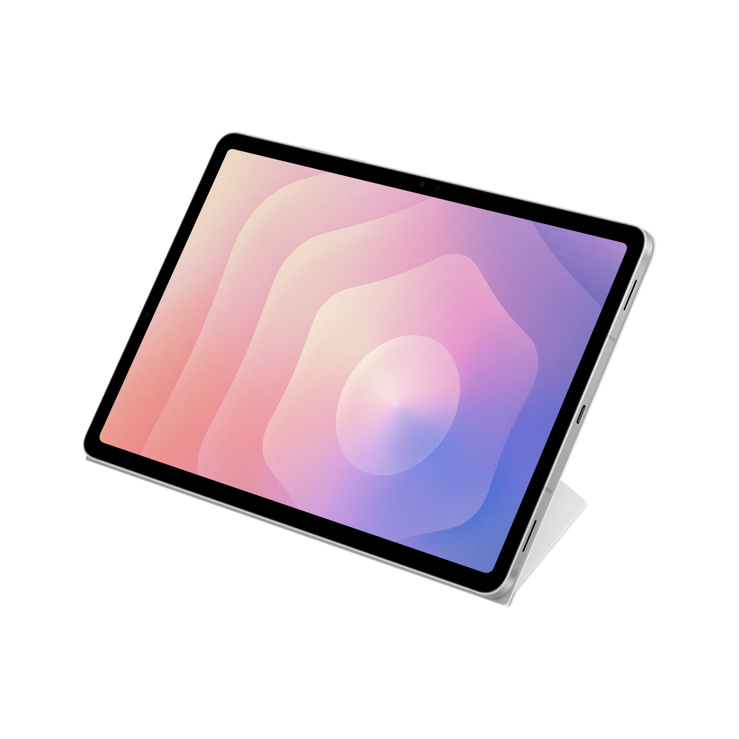Tablette avec fond d'écran abstrait coloré sur fond noir. La tablette est soutenue par un étui blanc.