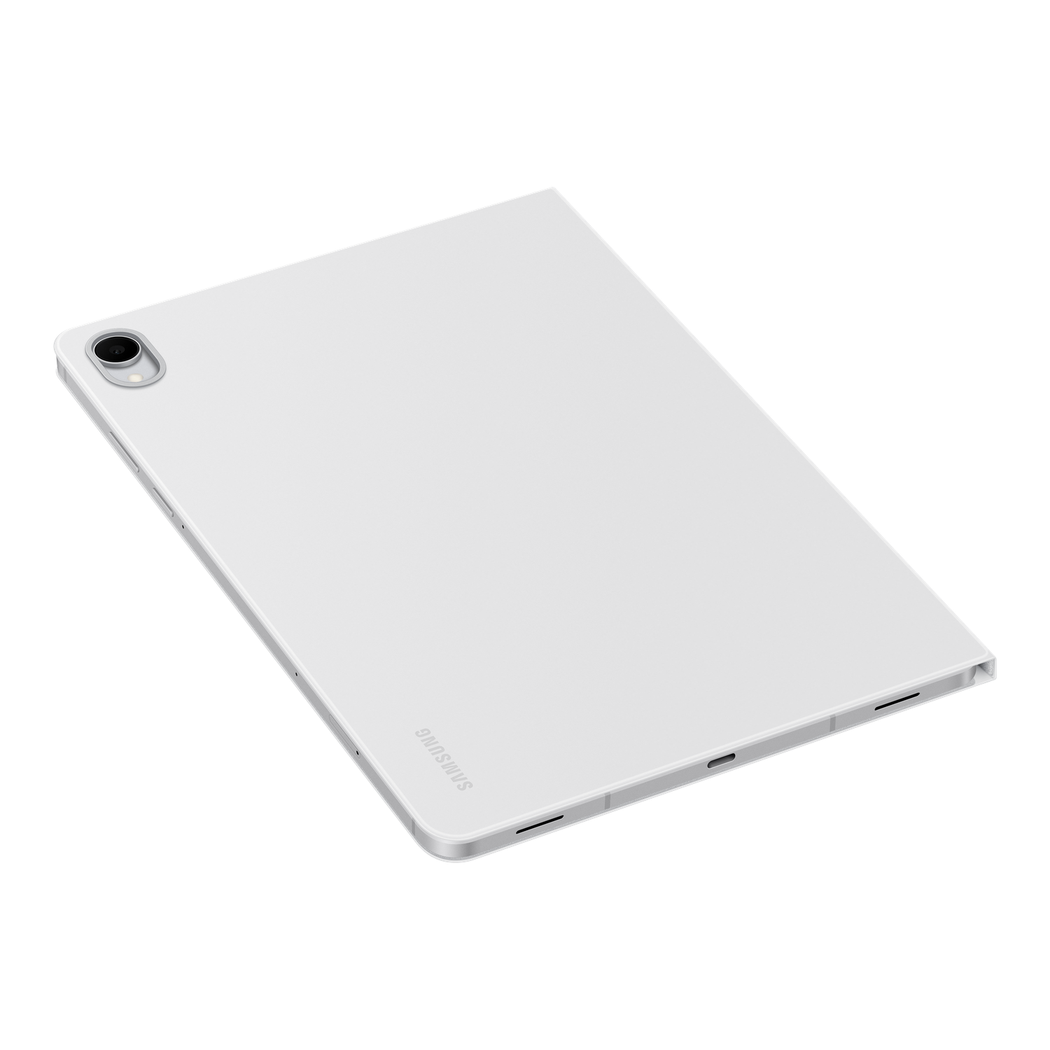 Tablette Samsung blanche sur fond noir. La tablette est inclinée, montrant son dos. Le logo Samsung est visible.